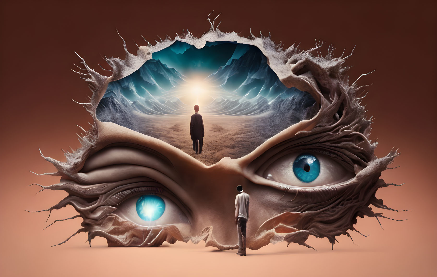 Surreal image: person on cliff, eye-shaped aperture, observer below, earthy backdrop