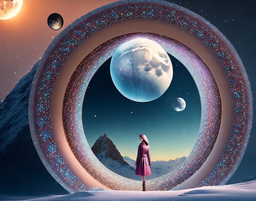 Person in Pink Cloak in Surreal Cosmic Scene with Colorful Planetary Rings