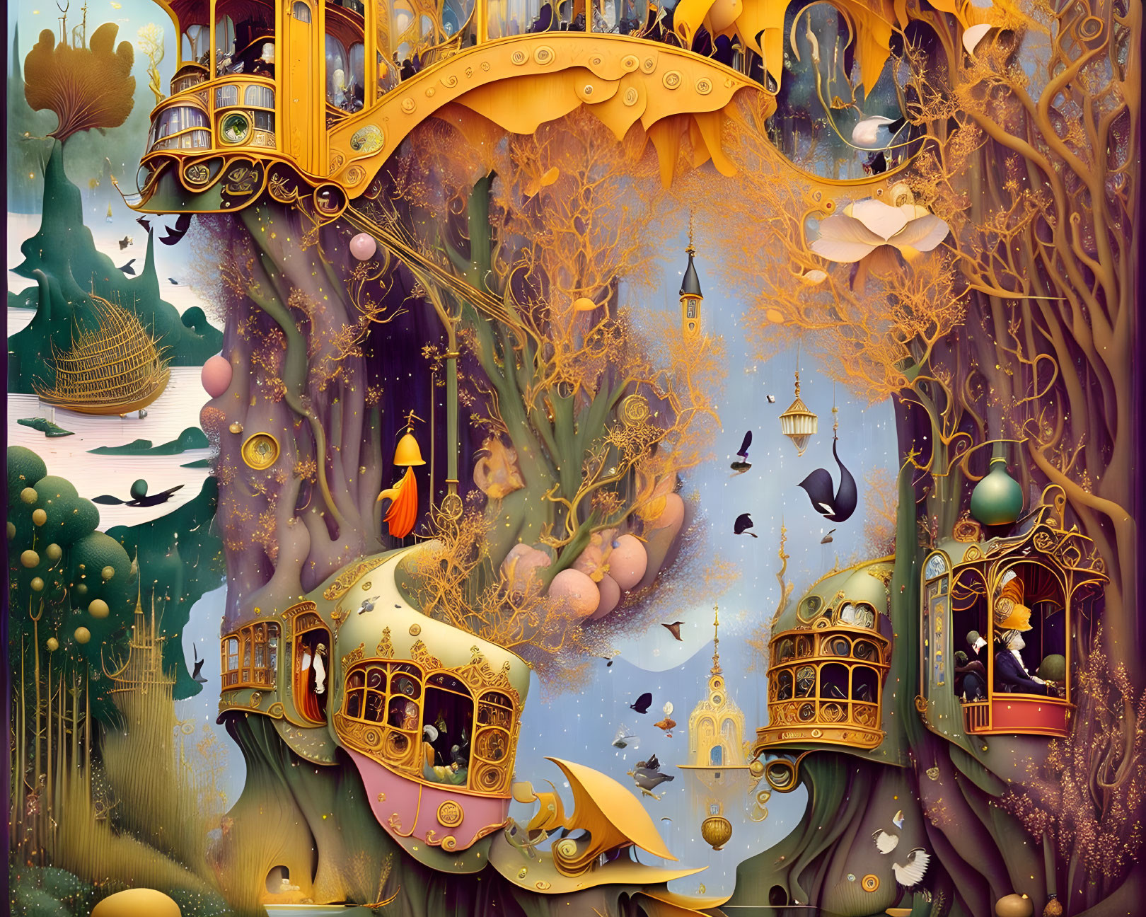 Fantasy landscape with golden birdcages, intertwined trees, lanterns, and birds