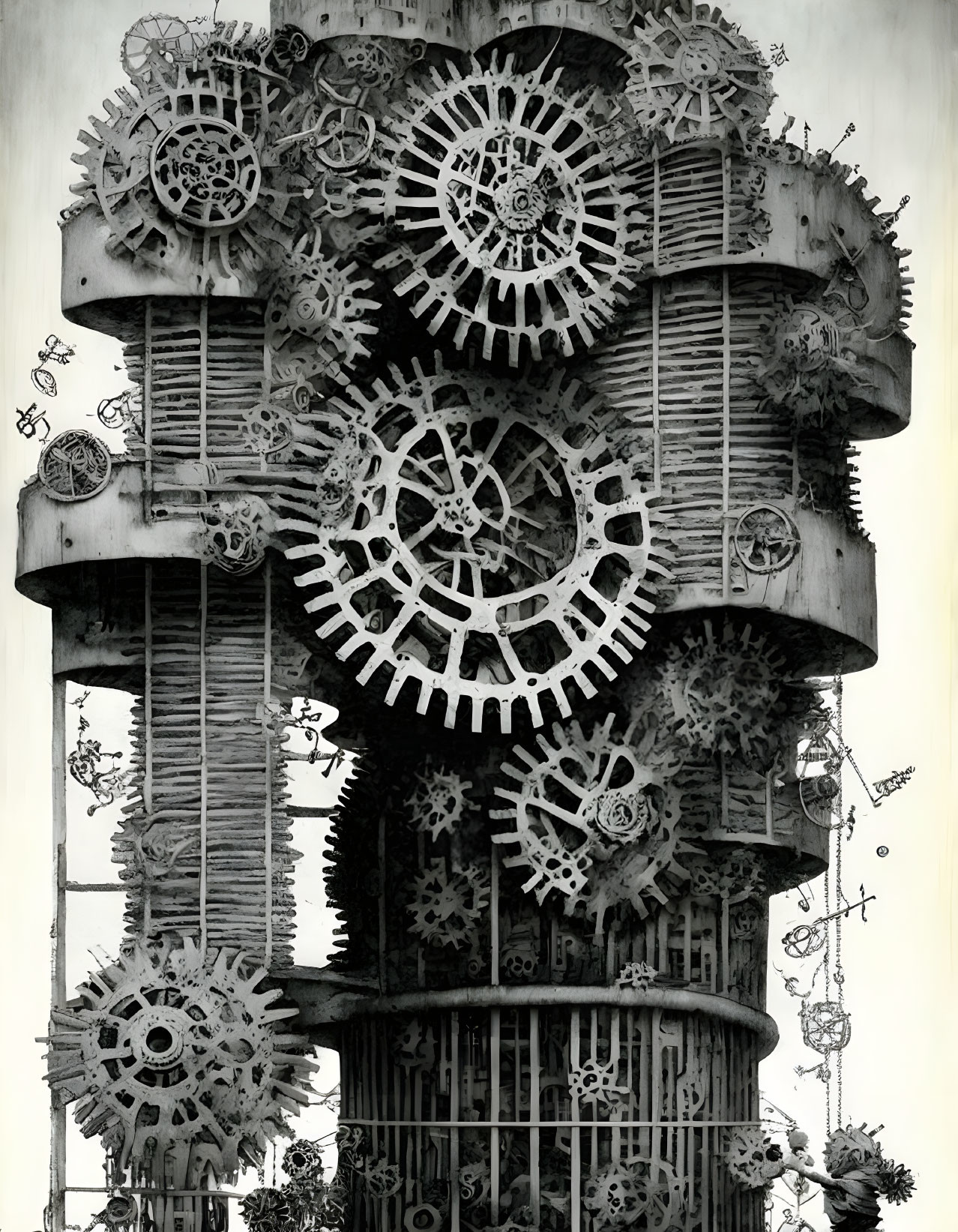 Monochrome image of intricate gear structure in industrial style