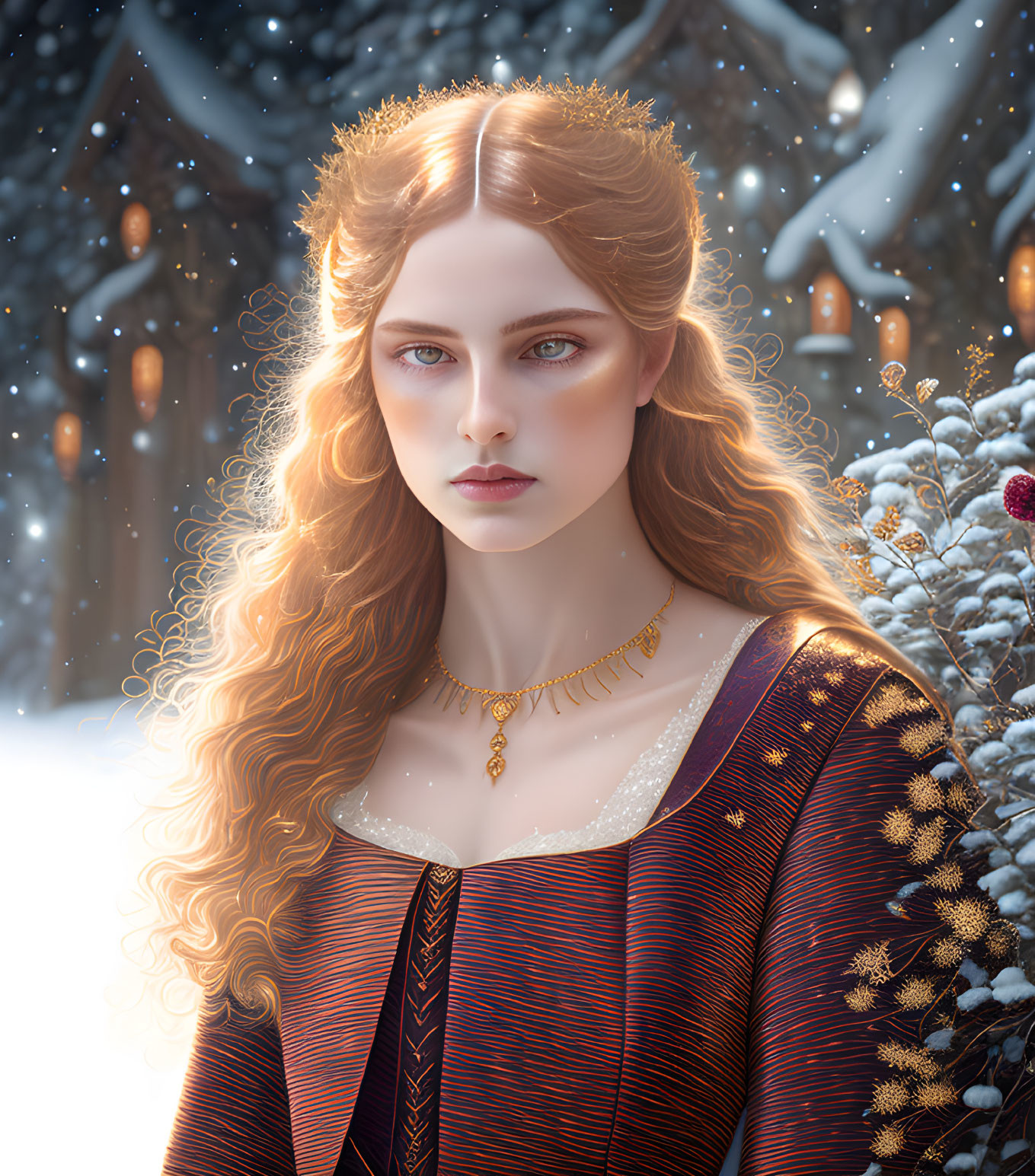 Digital portrait: Woman with golden hair, blue eyes, red & gold medieval dress in snowy forest with