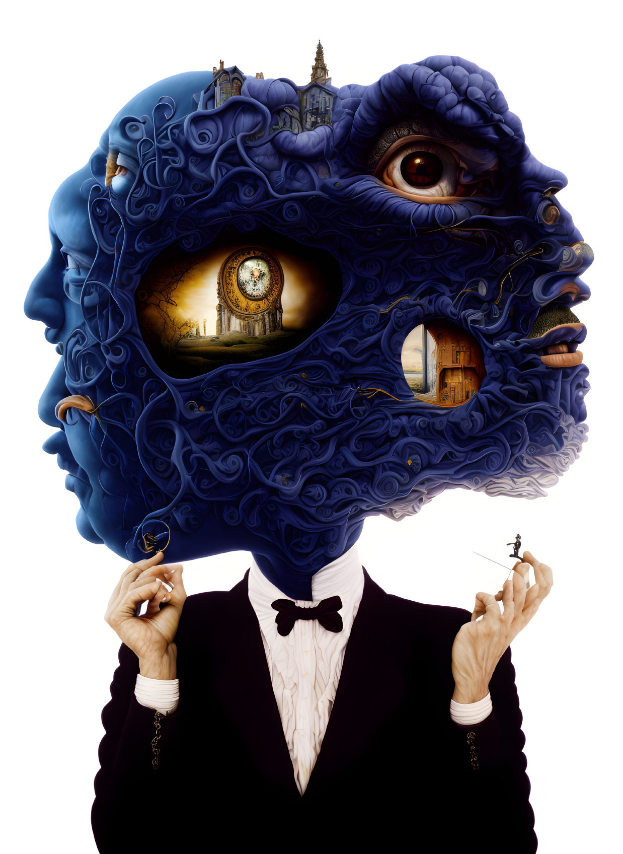 Surrealist illustration of person in suit with fantastical face