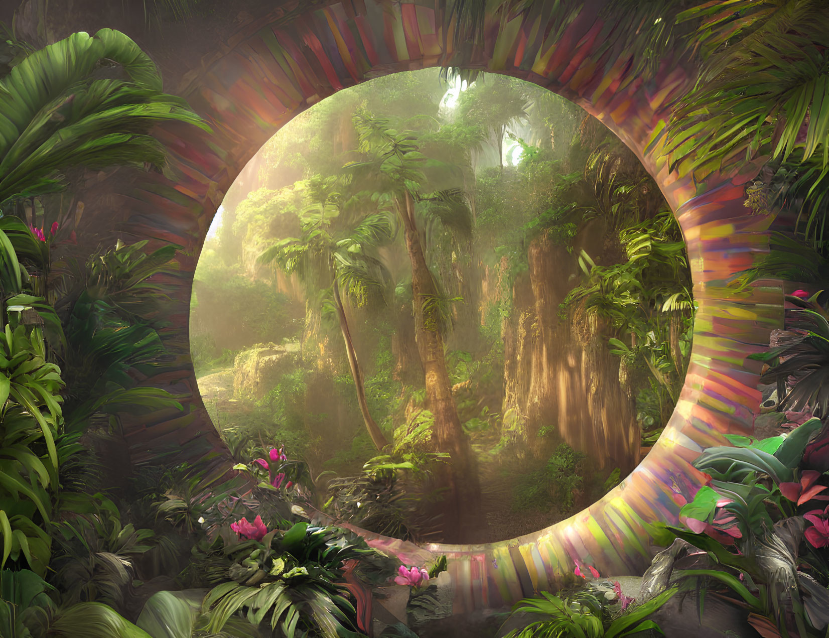 Vibrant circular portal to misty jungle with lush foliage