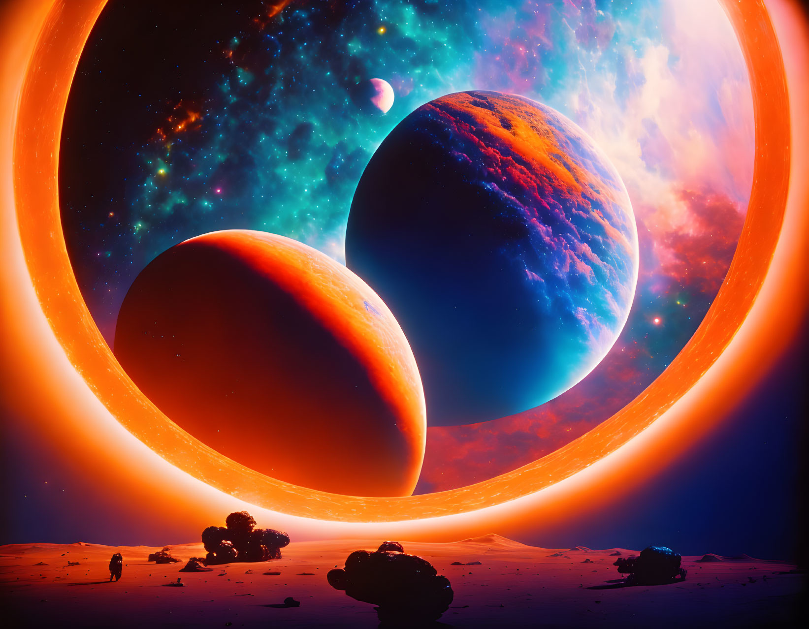 Vivid sci-fi landscape with large planets and glowing rings under starry sky