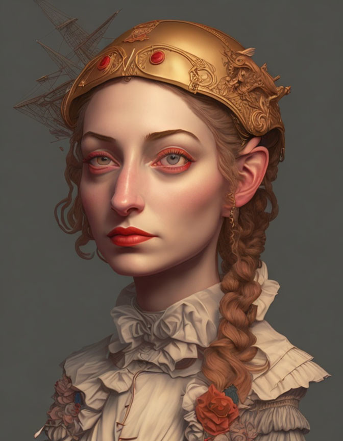 Digital portrait of a woman with braided hair, golden crown, red stones, ruffled collar,