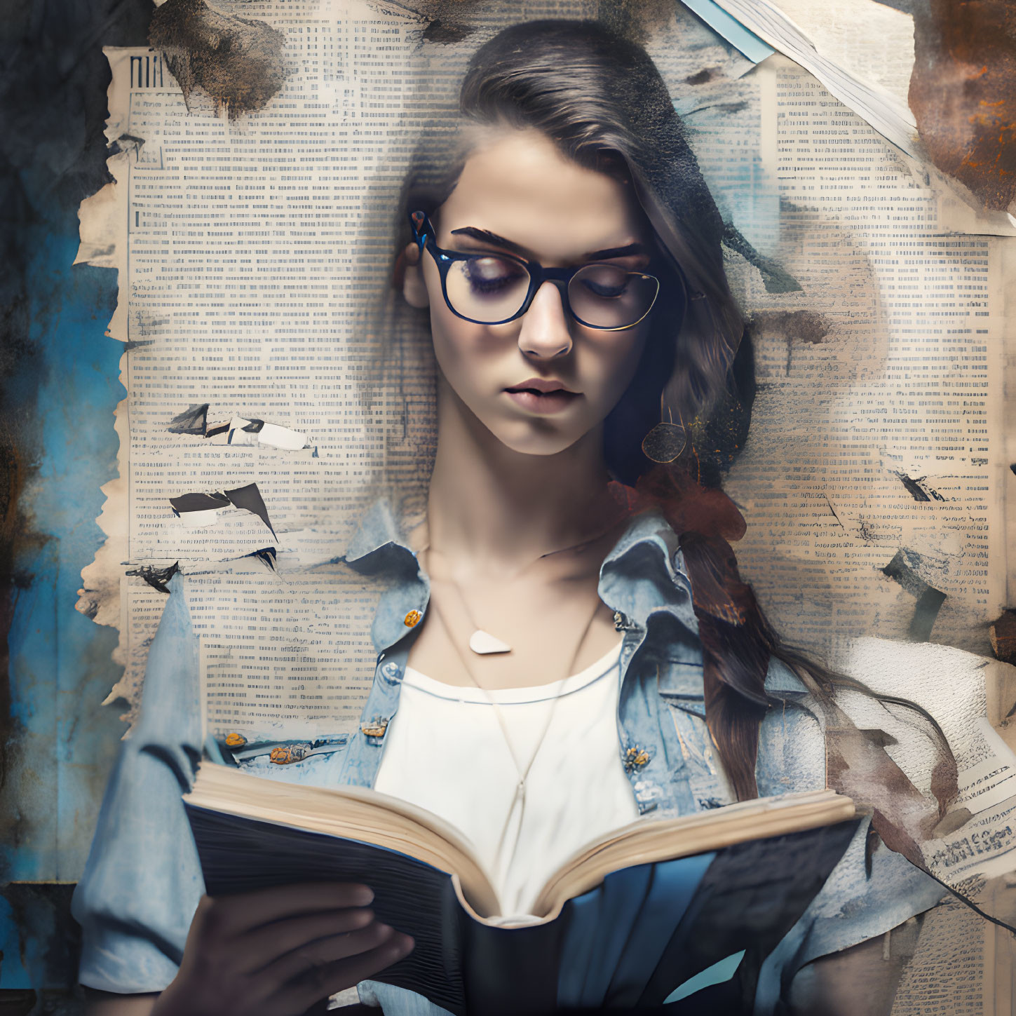 Young woman reading book surrounded by torn newspapers and blue wall