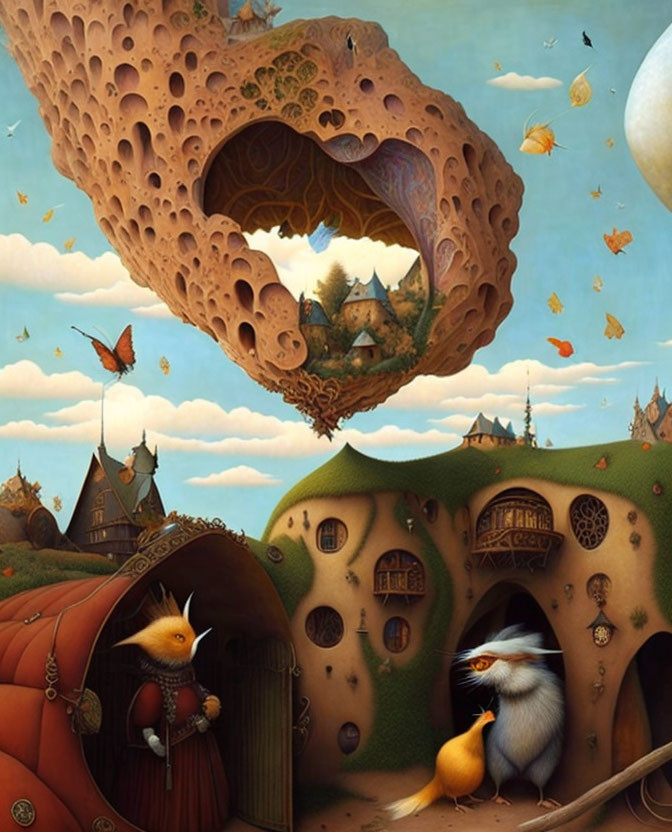 Whimsical painting of anthropomorphic foxes in a village with floating islands