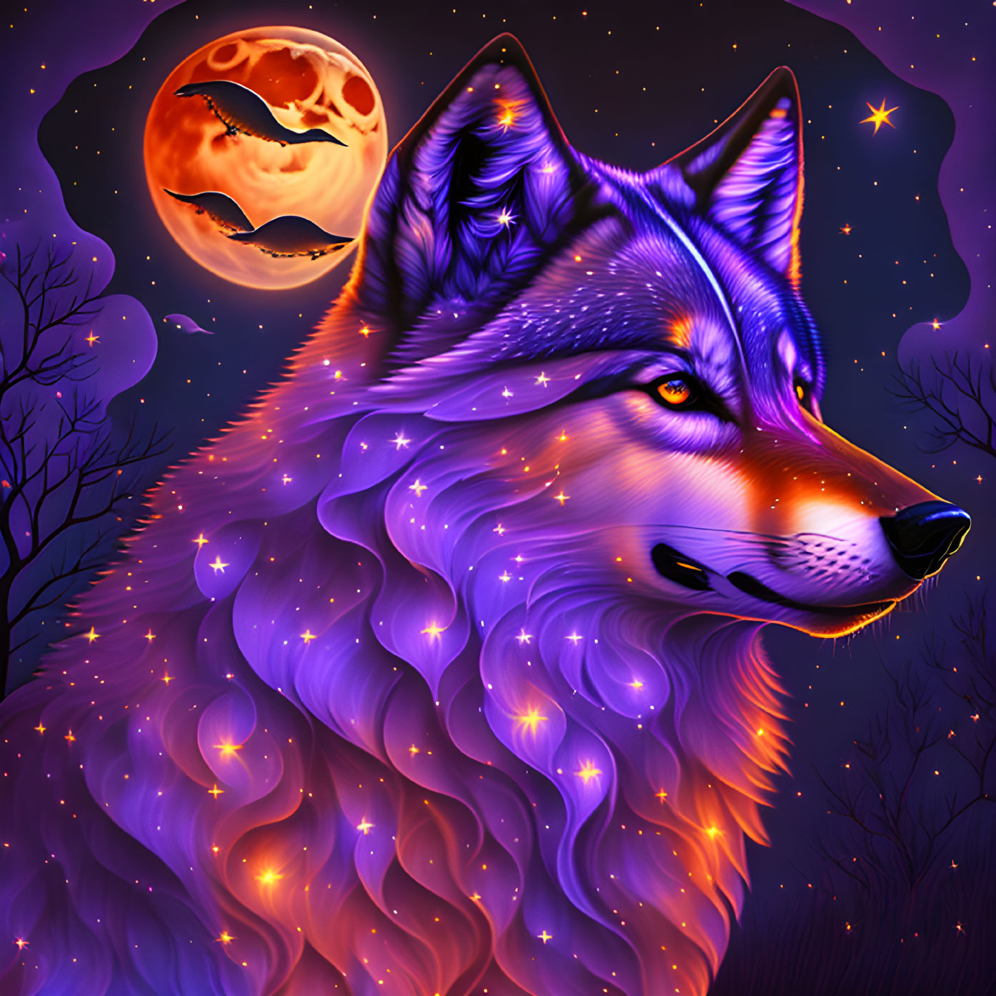 Colorful Cosmic Wolf Illustration Under Full Moon & Bat Silhouette