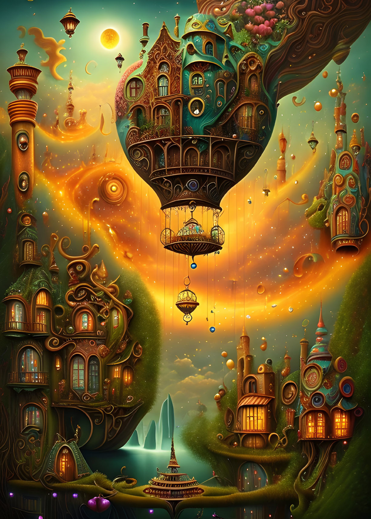 Fantasy landscape with floating Victorian-style buildings on chains