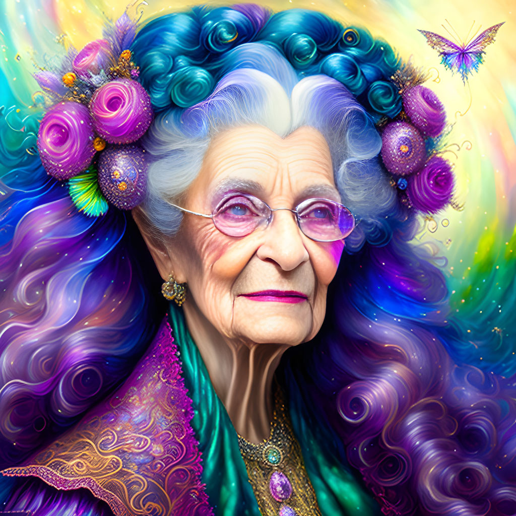 Elderly woman with purple hair, flowers, butterflies, green attire, violet earrings, colorful background