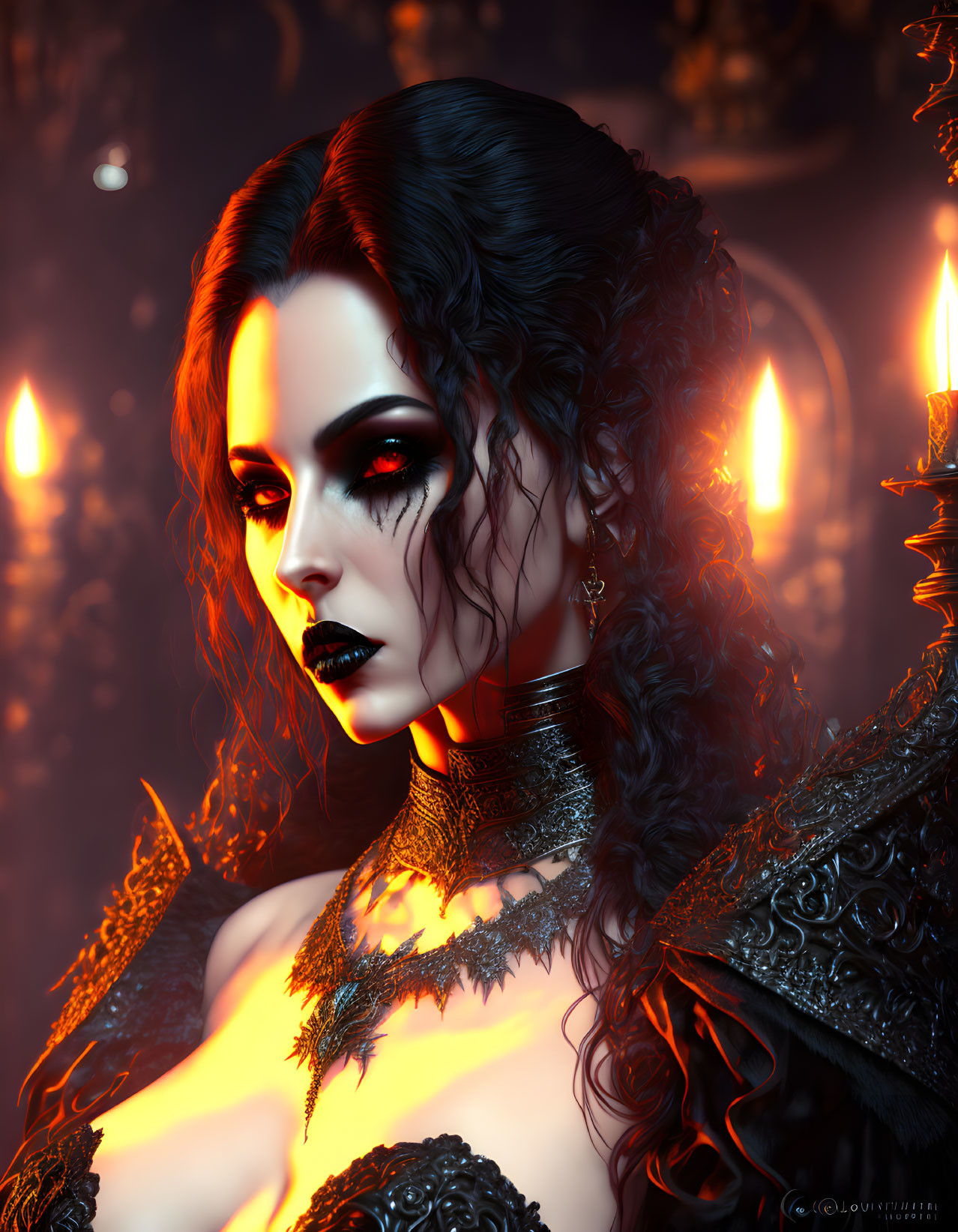 Digital art portrait of woman with dark makeup and curly hair in gothic style outfit.