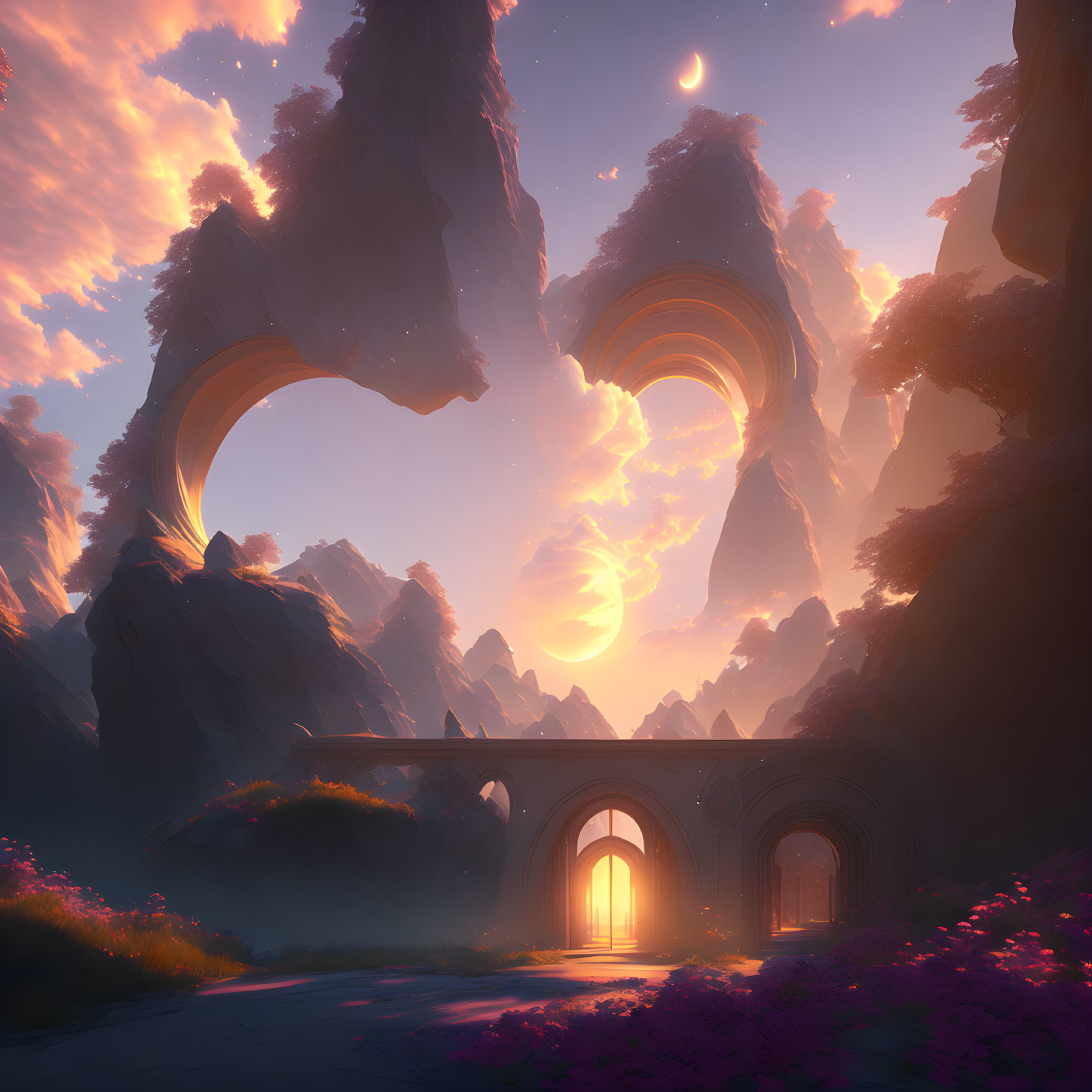 Majestic rock formations under warm sunset sky with glowing gateway