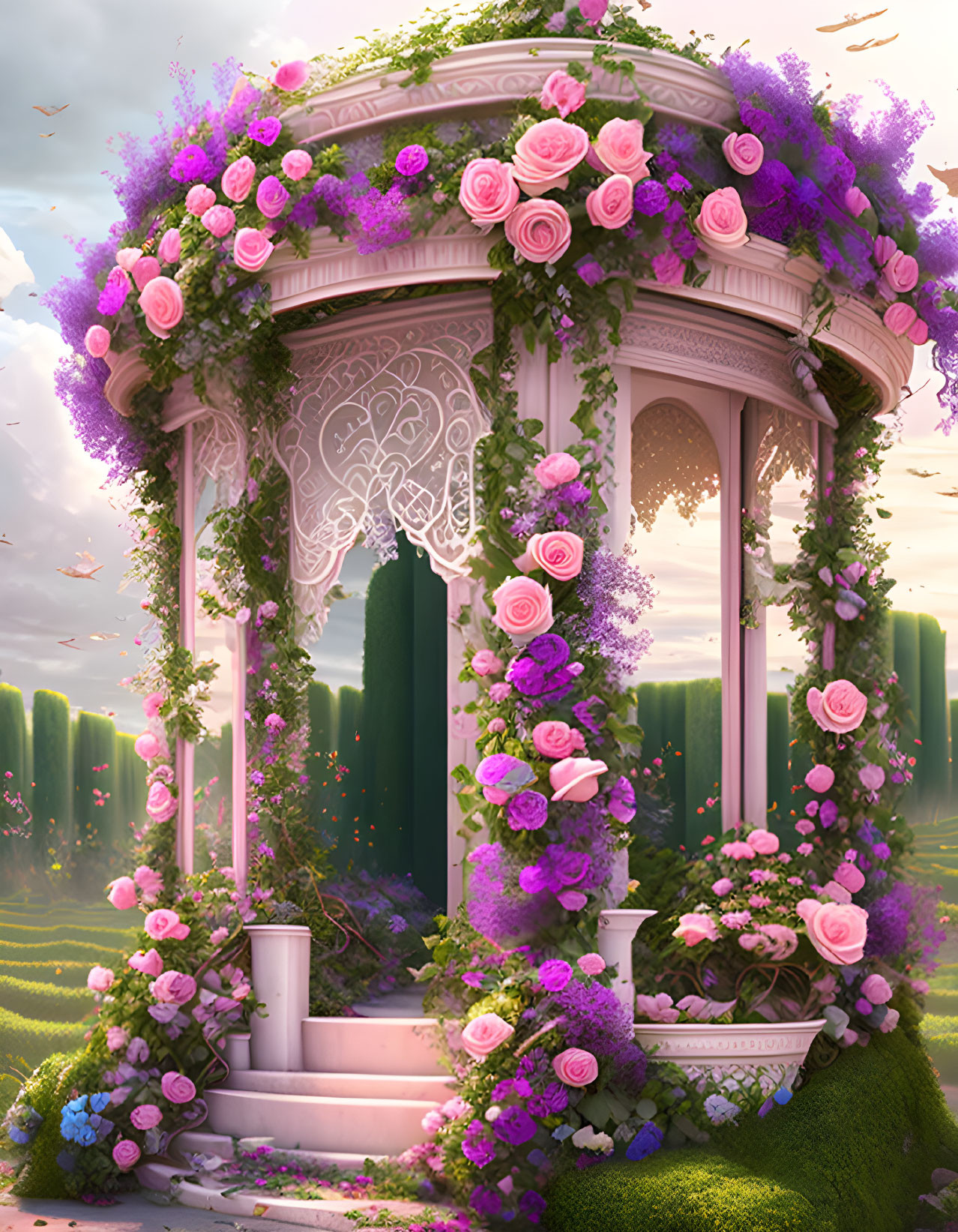 Garden gazebo with pink roses and purple blooms under soft light