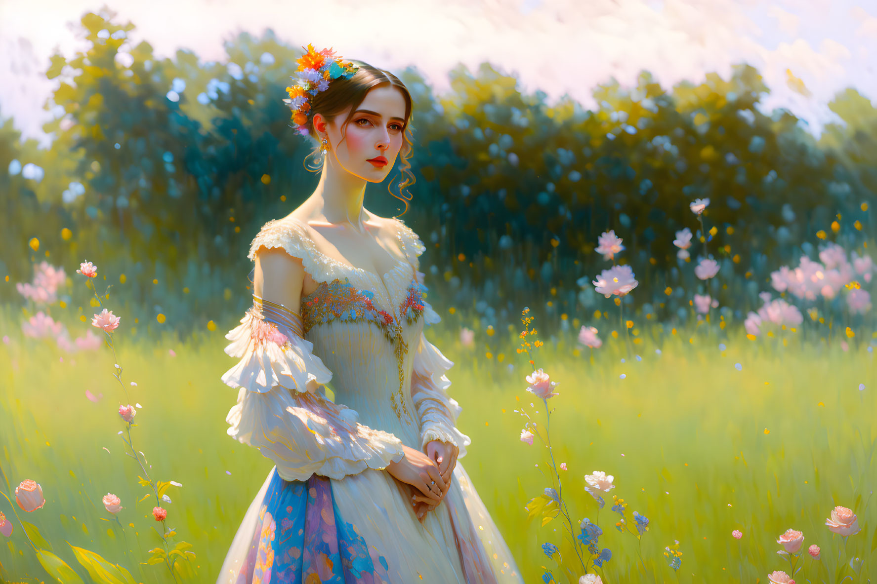 Woman in vintage dress surrounded by flowers in sunlit field