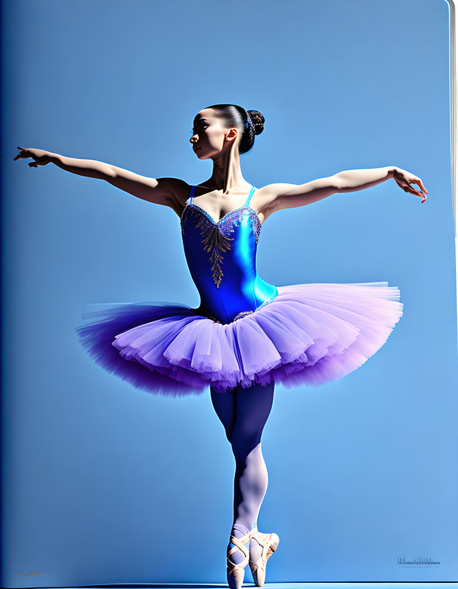 Ballerina in Blue and Purple Tutu Dancing Pose on Blue Background