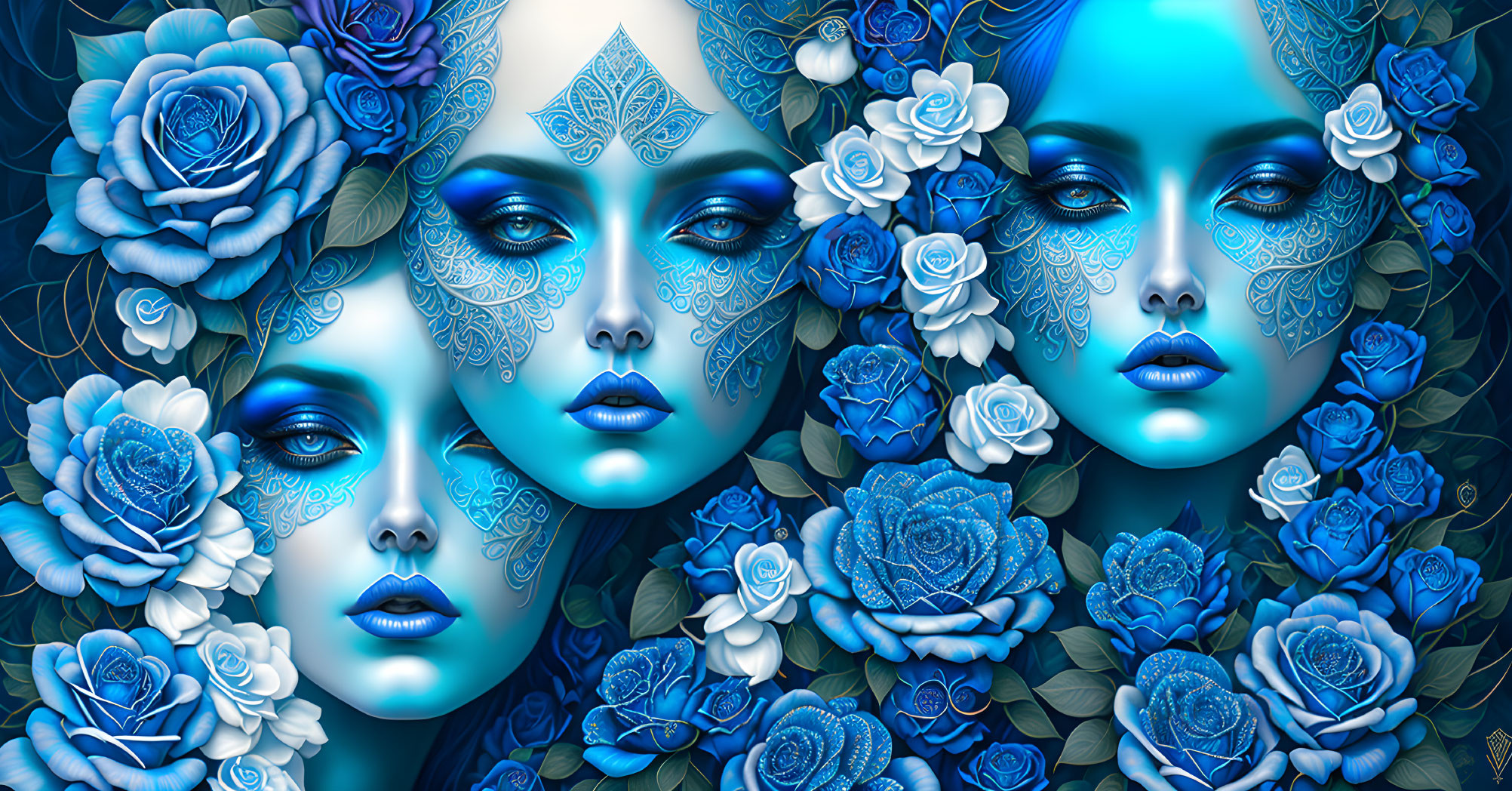 Surreal blue female faces with intricate patterns in a sea of blue roses