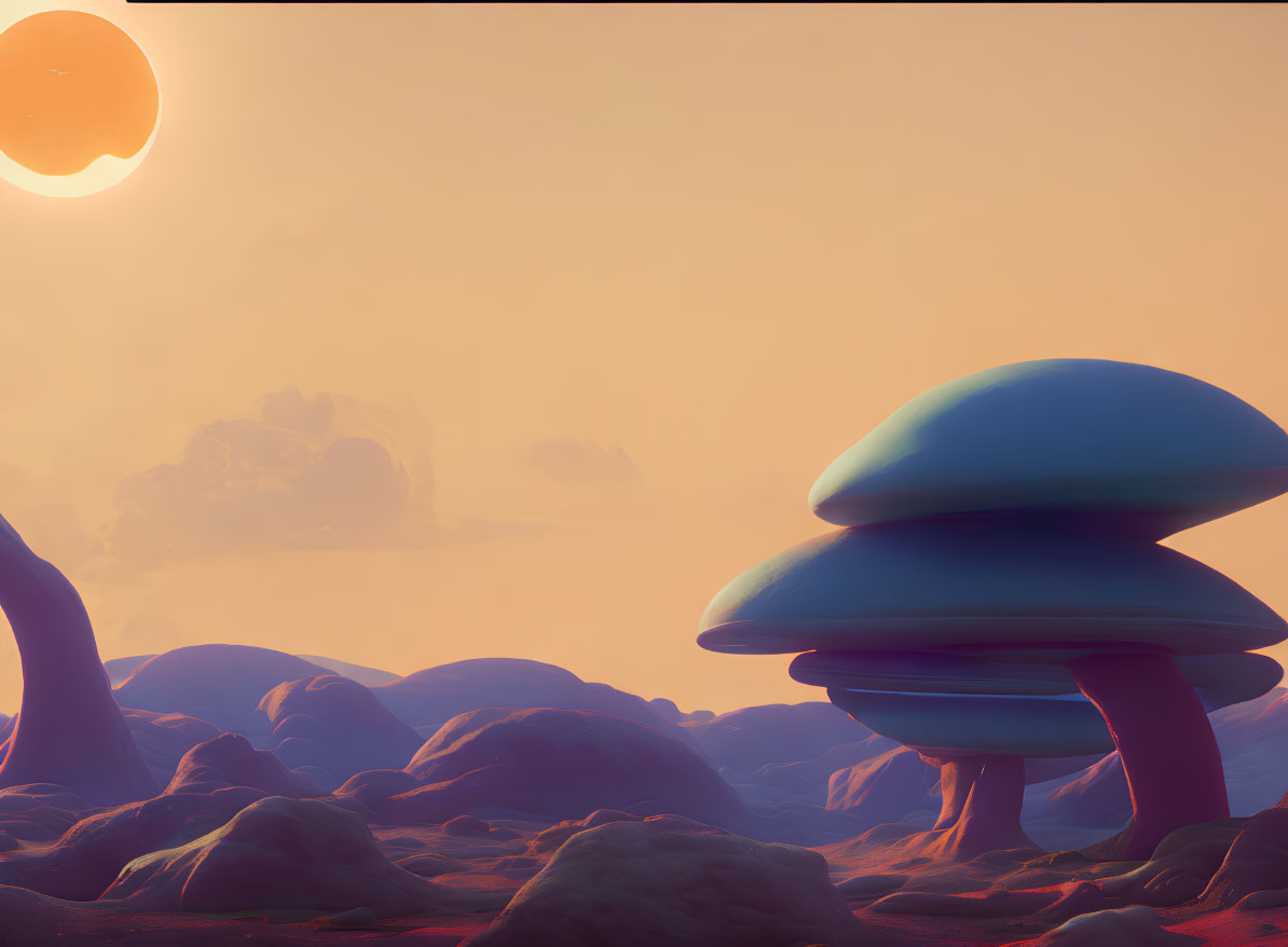 Whimsical landscape with mushroom-like structures under warm glowing sky