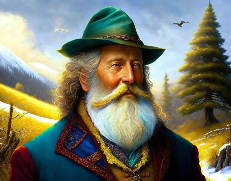 Portrait of distinguished man with white beard in green hat against mountain backdrop