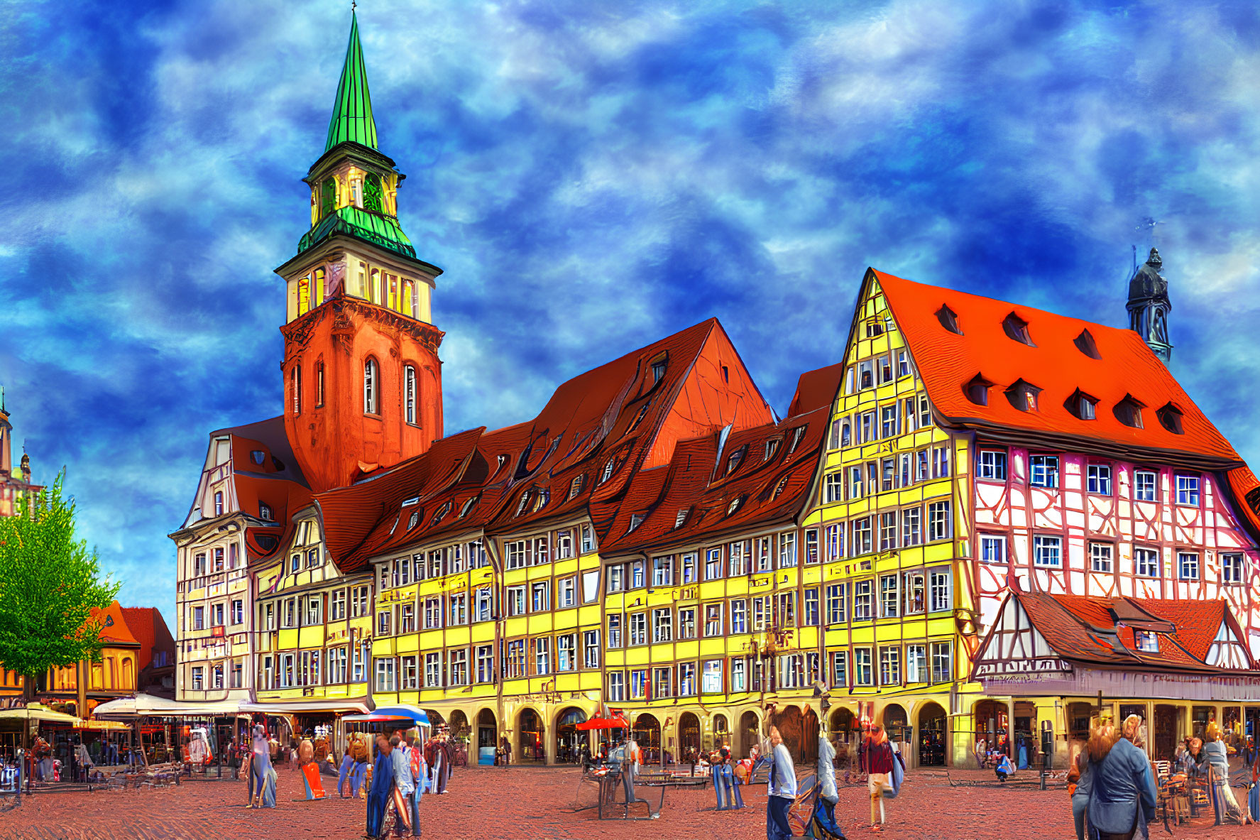 Vibrant Market Square with Colorful Half-Timbered Buildings