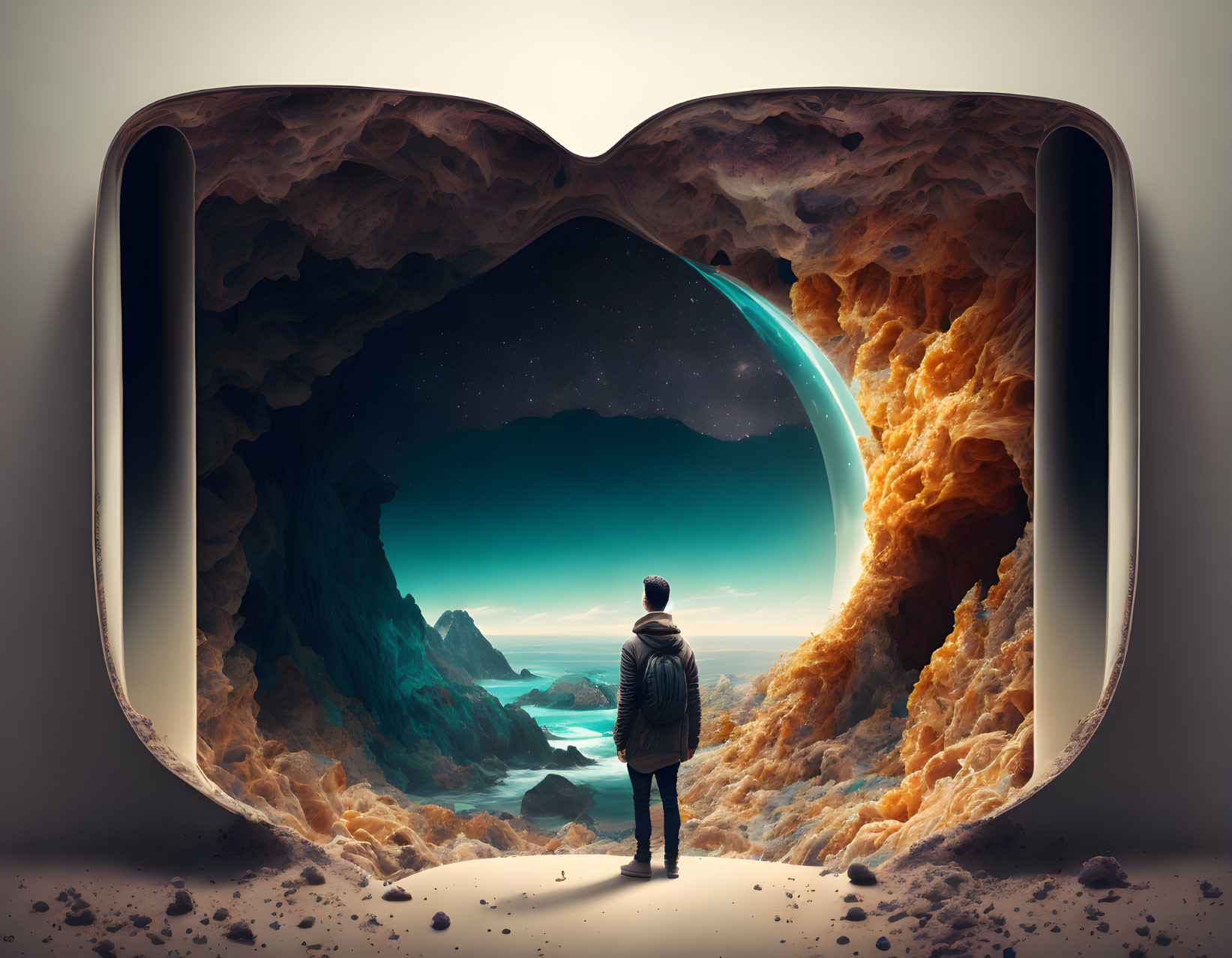 Person standing before open book with surreal cave entrance and starlit beach view