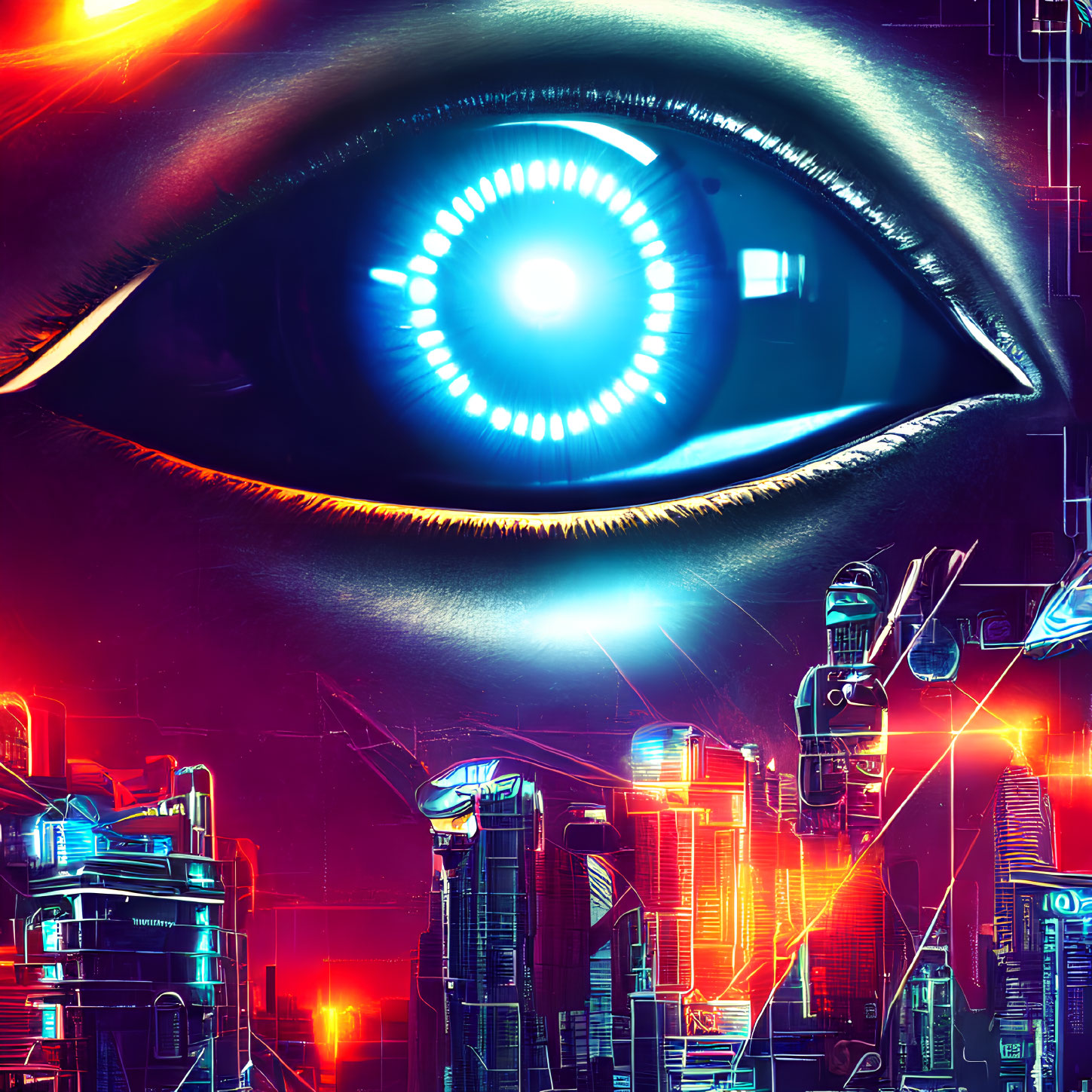 Futuristic cityscape reflected in cybernetic eye with blue patterns