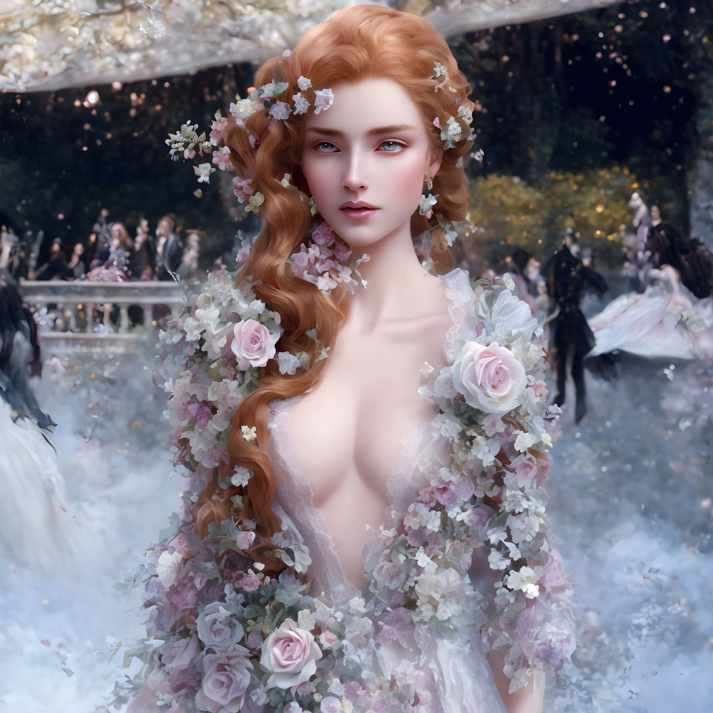 Illustration of woman with red hair in floral gown in magical forest scene