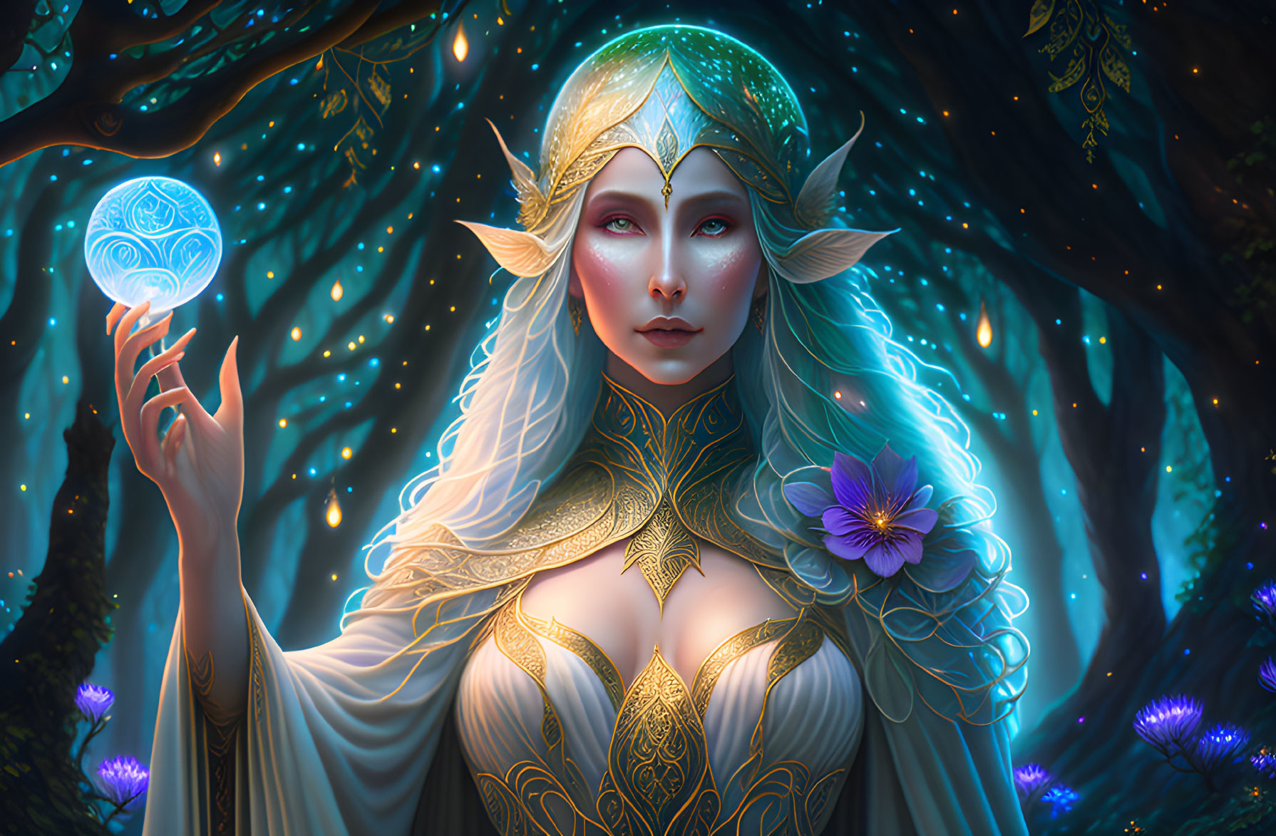 Ethereal elf with white hair in golden armor in enchanted forest