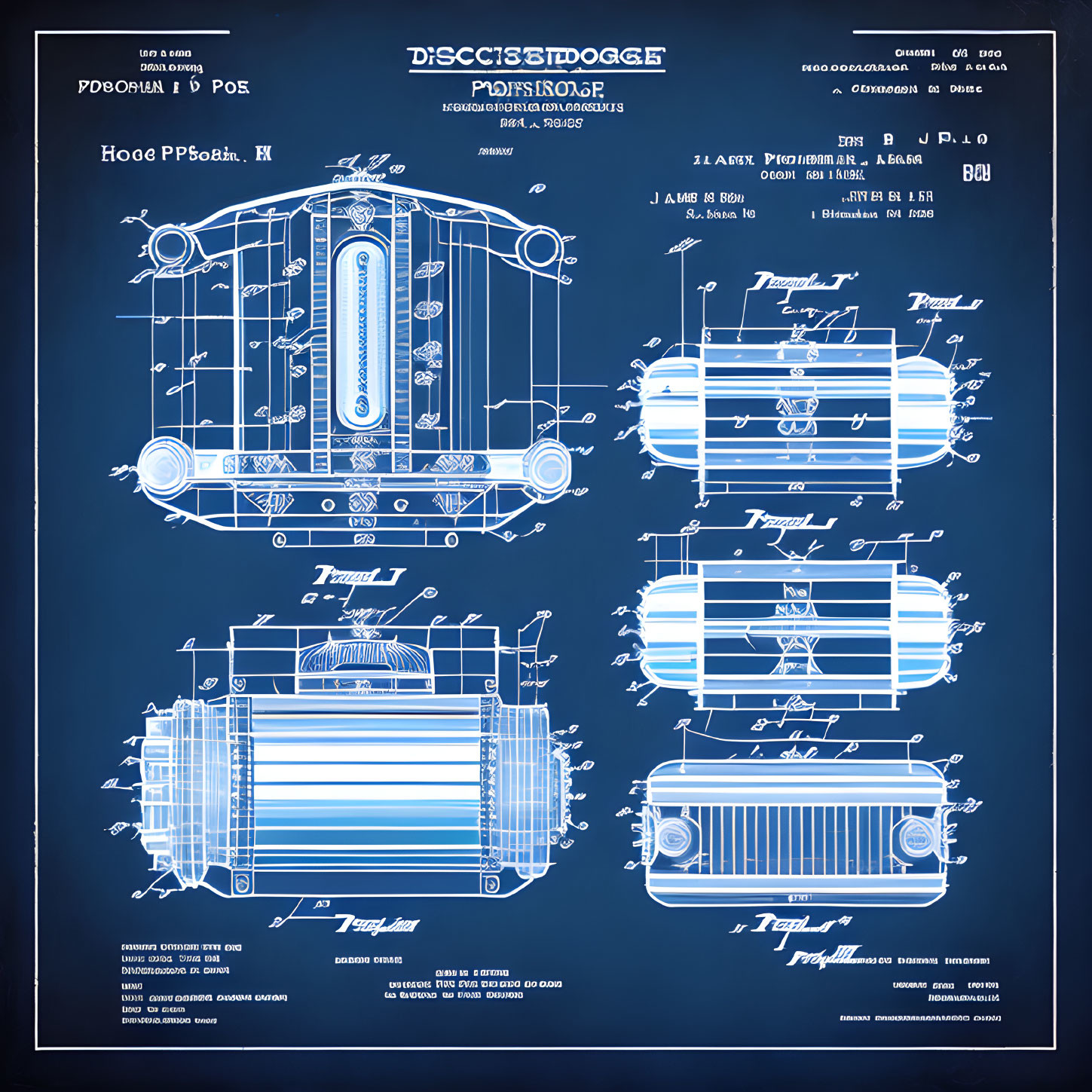 Detailed Vintage Cartoon Bus Blueprints with Annotations