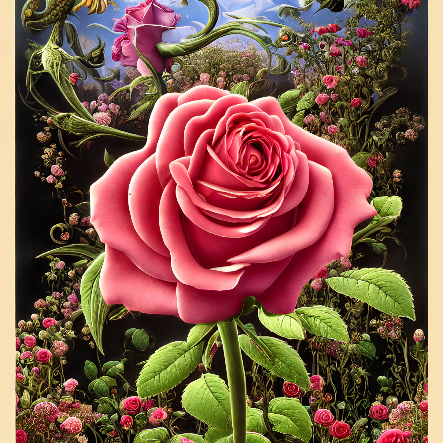 Detailed Digital Artwork: Vibrant Pink Rose Centerpiece surrounded by Flowers in Surreal Sky