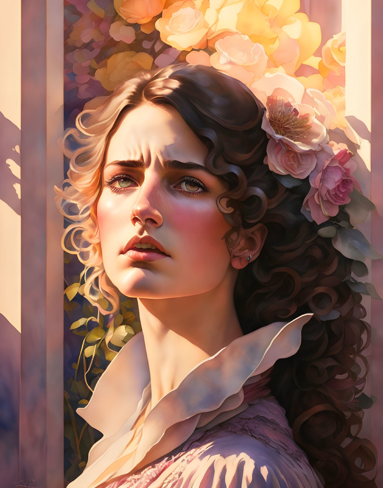 Digital portrait of woman with wavy hair and flowers in ethereal setting