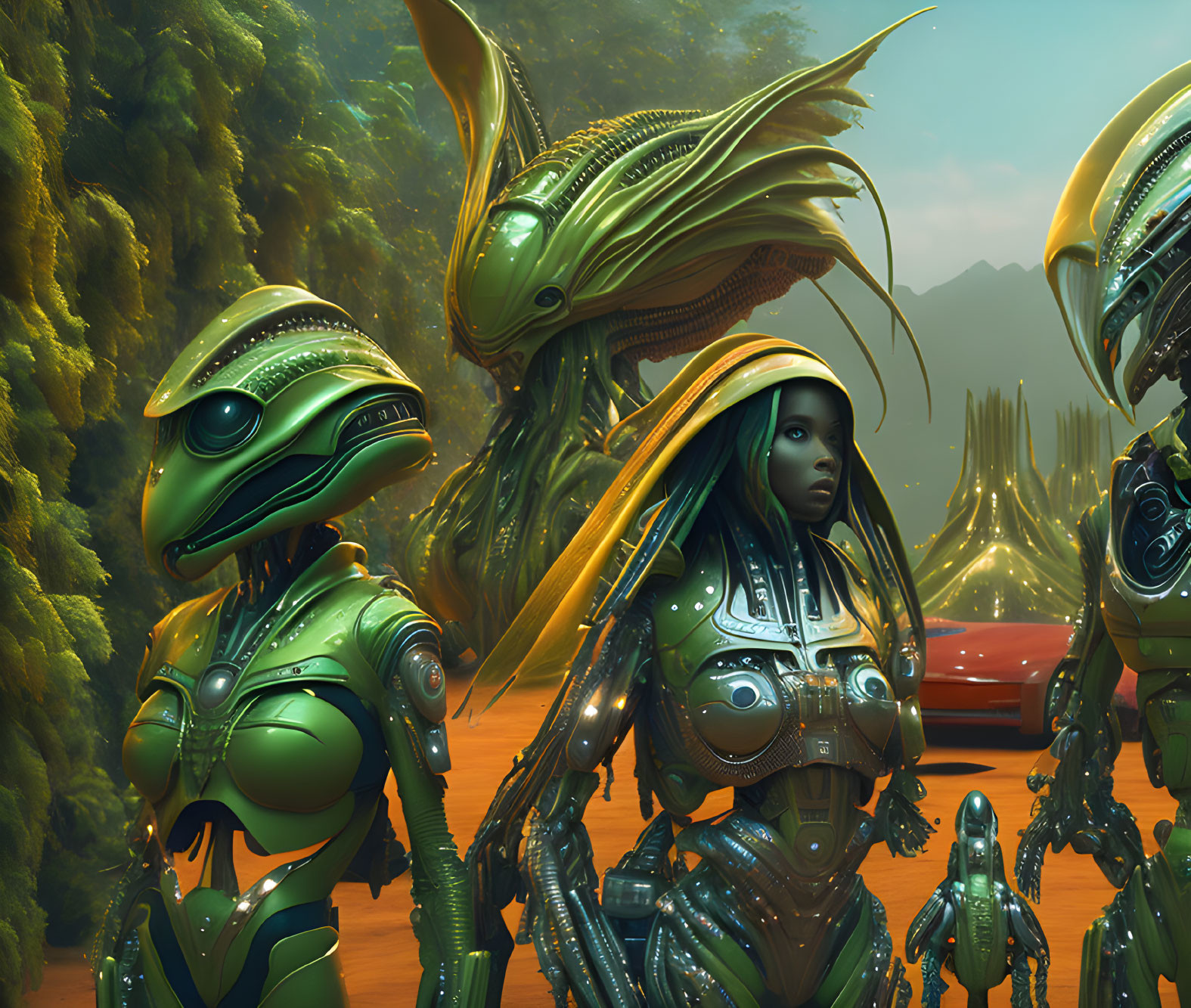 Intricate armored alien beings in lush extraterrestrial setting