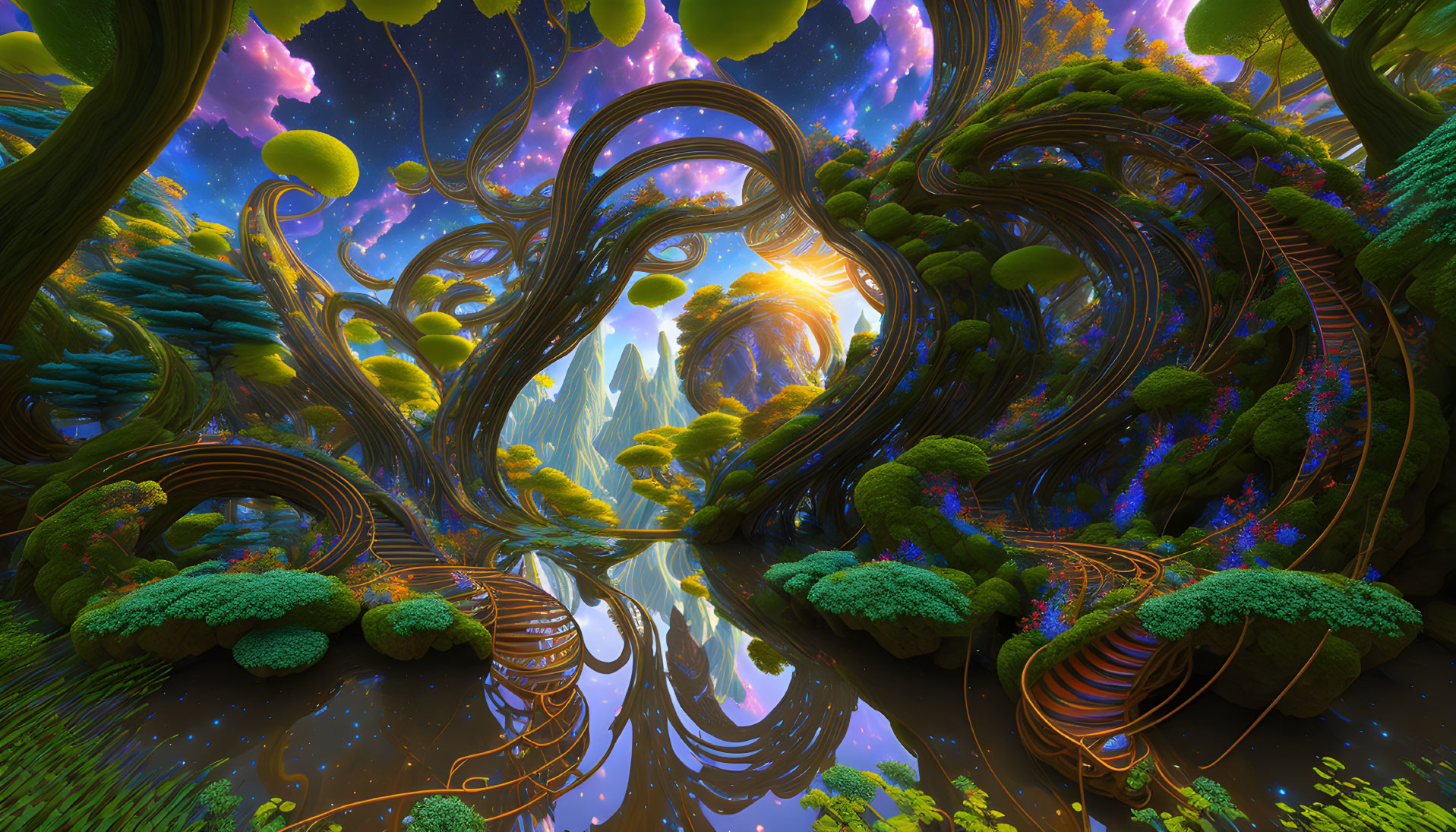 Colorful Fantasy Landscape with Twisted Trees and Reflective Water