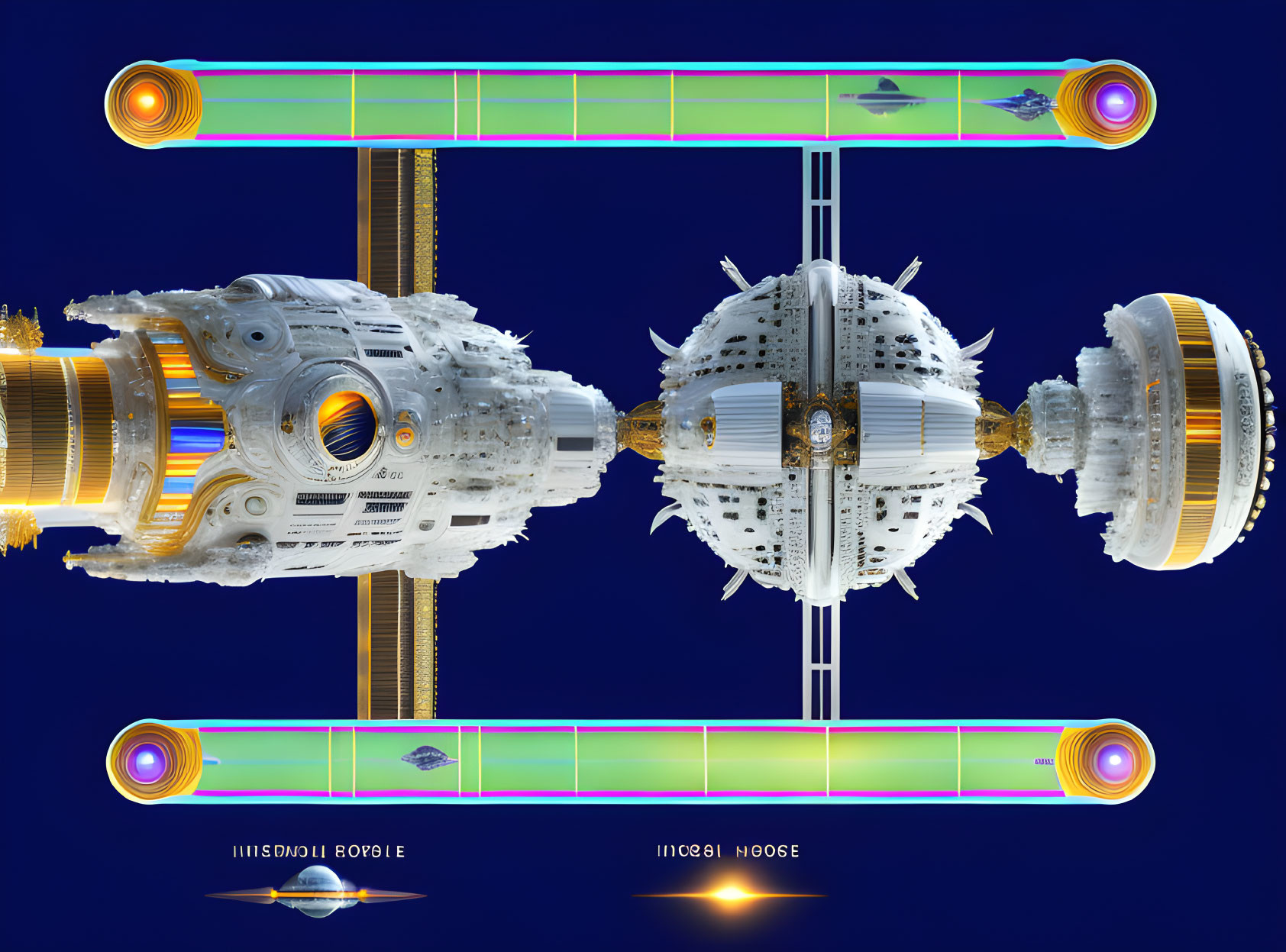 Symmetrical futuristic spacecrafts connected by beams on starry background