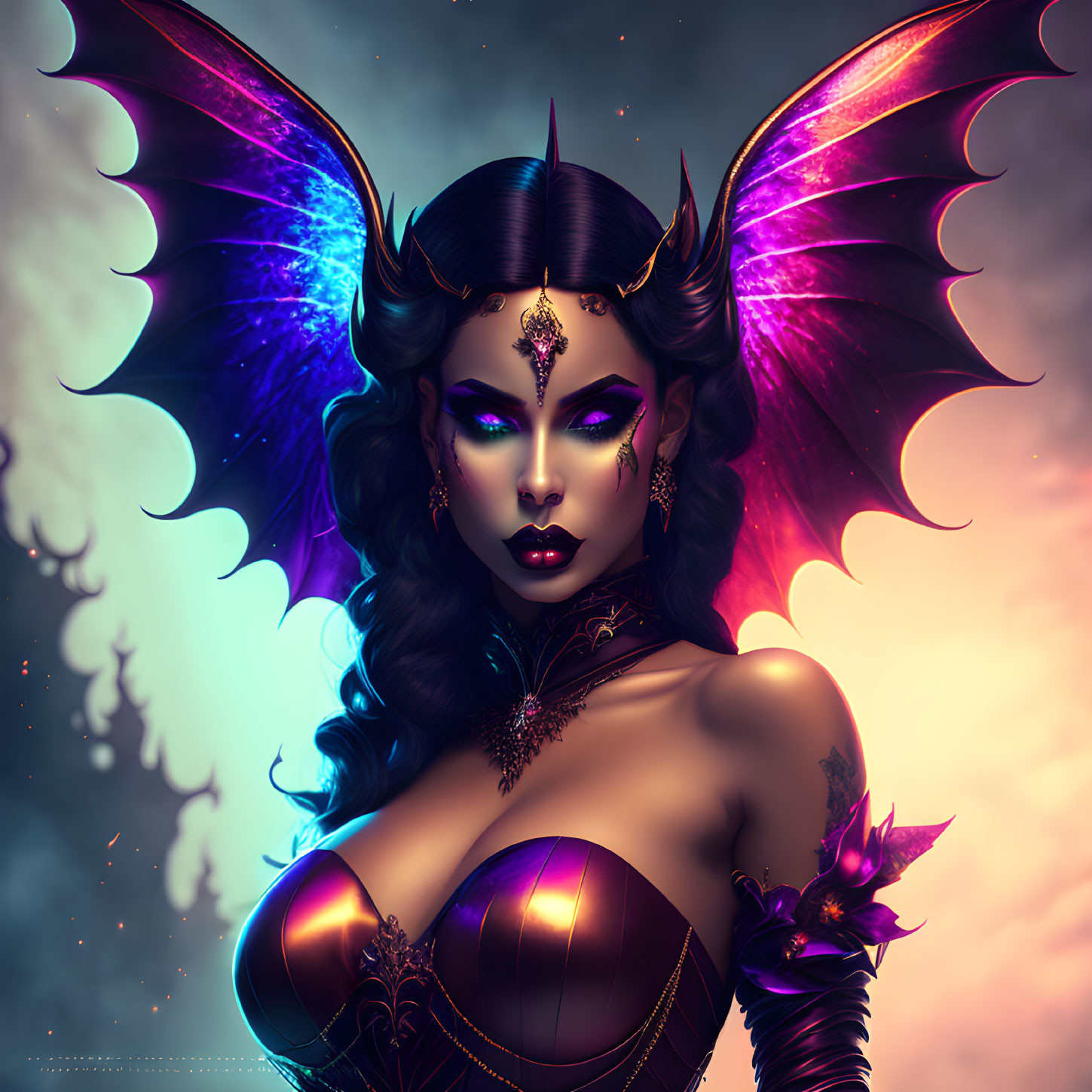 Fantasy illustration of woman with dark hair, purple wings, ornate jewelry, and glowing green eyes