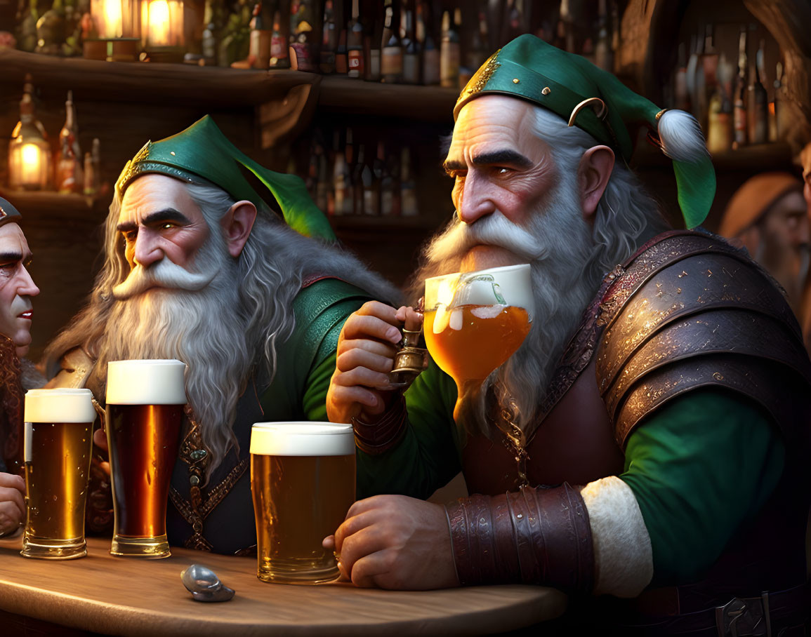 Medieval bearded dwarves drinking beer in cozy tavern setting