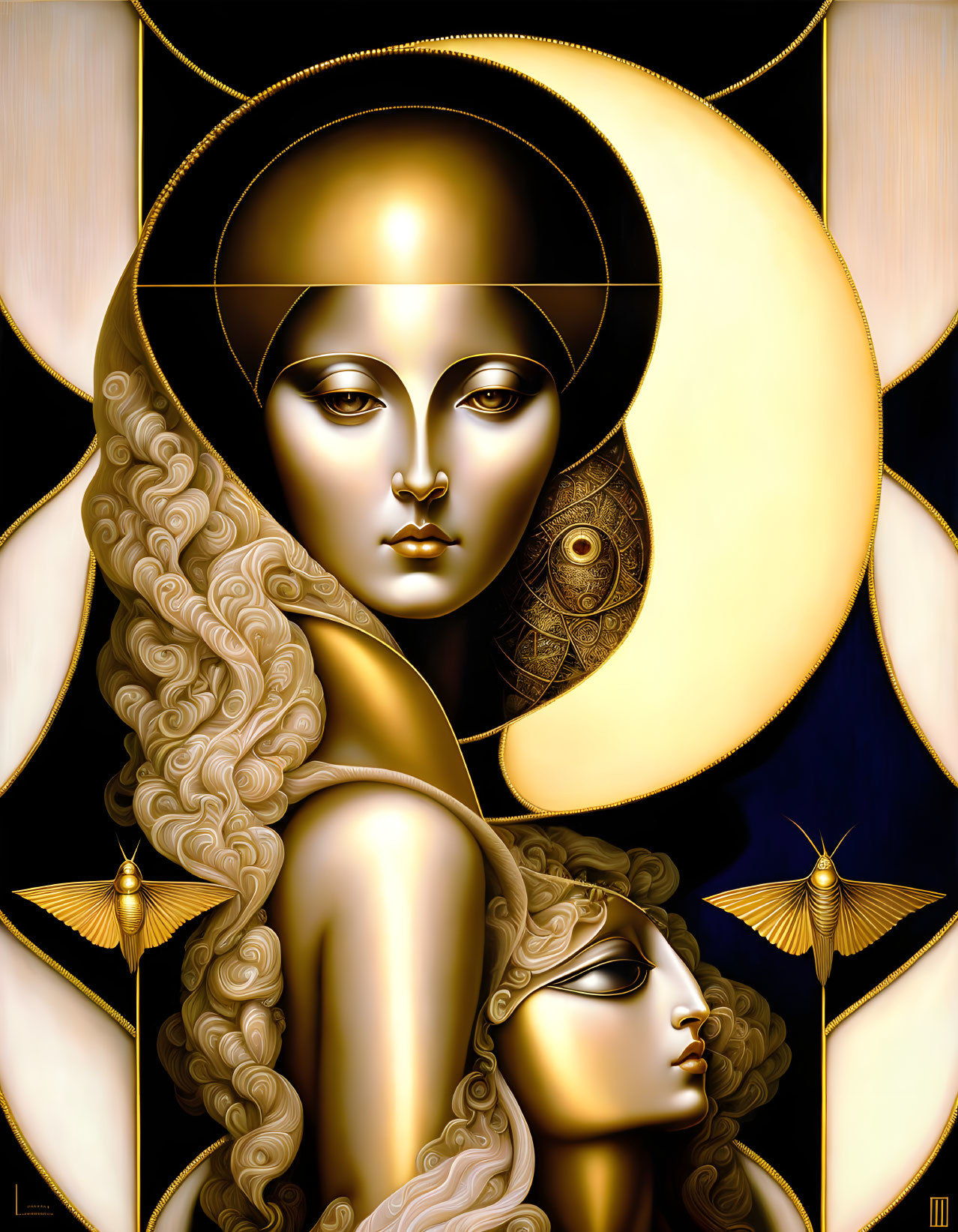 Stylized female figures in gold and black with celestial symbols and moth