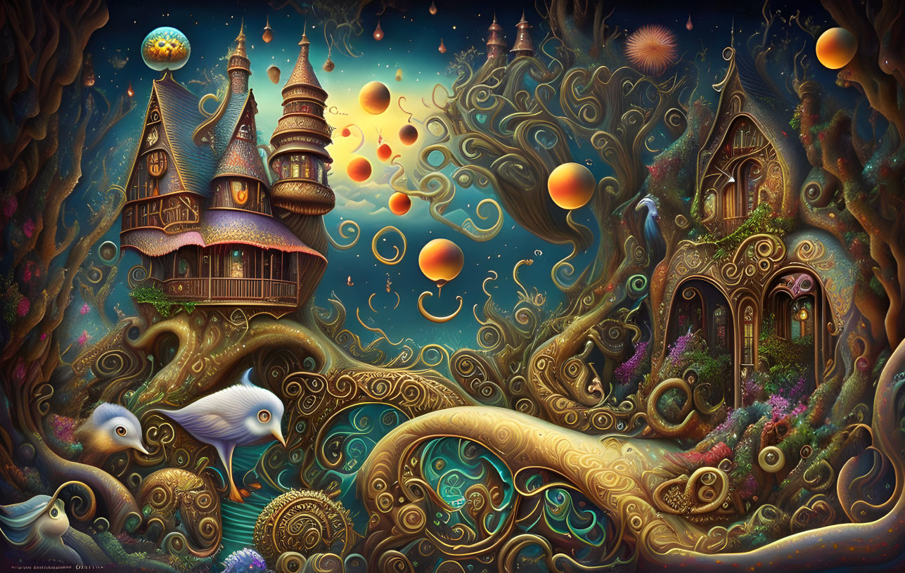 Colorful fantasy illustration: whimsical architecture, floating orbs, ethereal fish, celestial patterns.