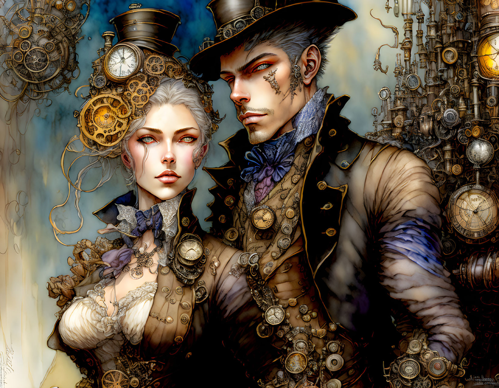 Steampunk couple in Victorian attire with gears on mechanical backdrop