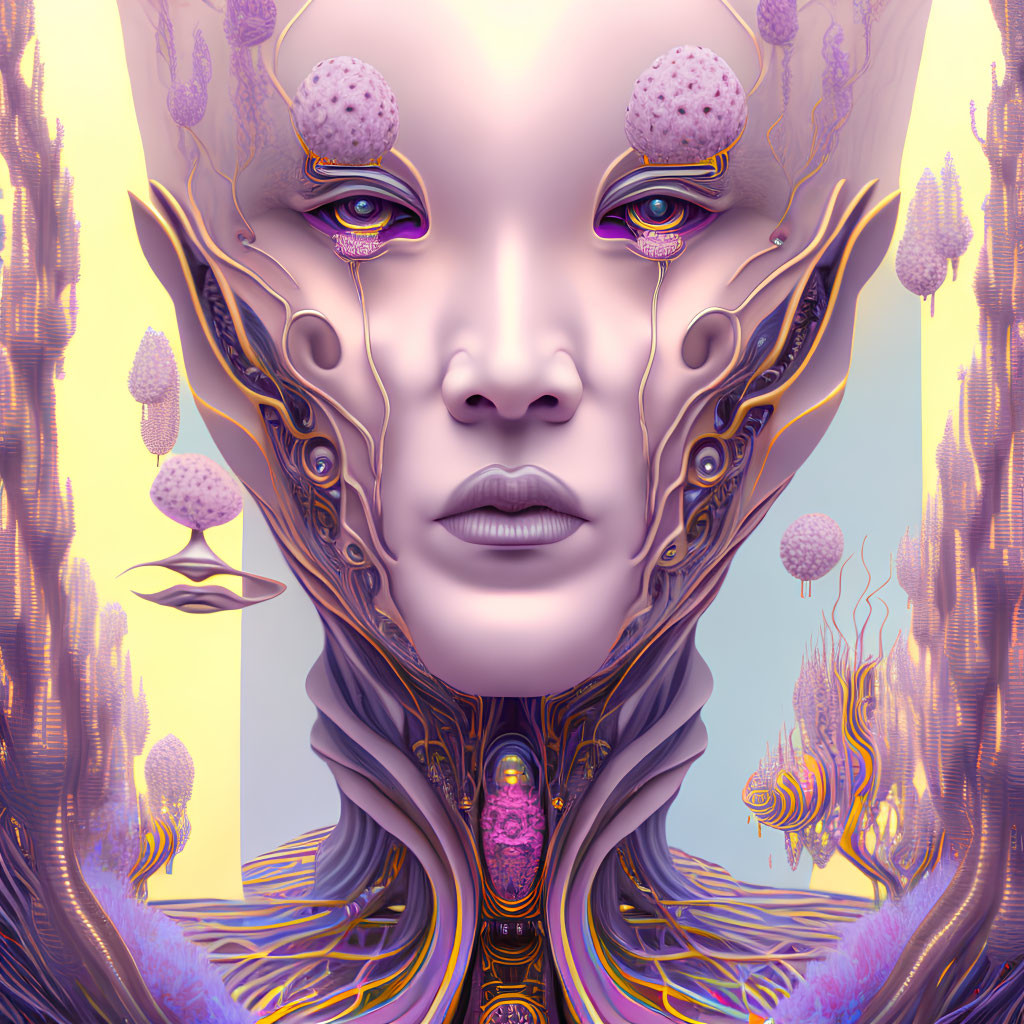 Intricate surreal portrait with futuristic alien design and purple-gold details