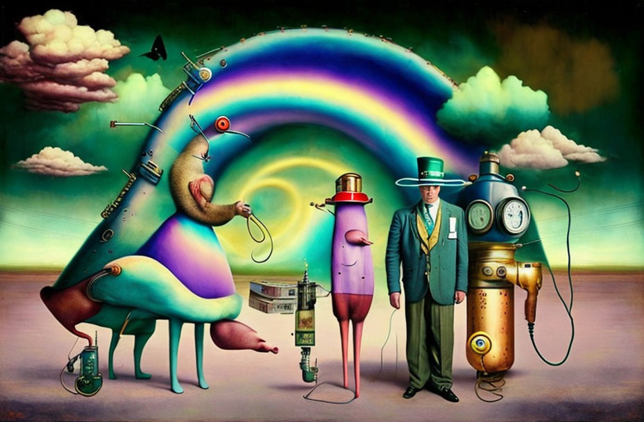 Vibrant surrealist artwork: anthropomorphic figures, machinery, rainbow backdrop, man in green hat