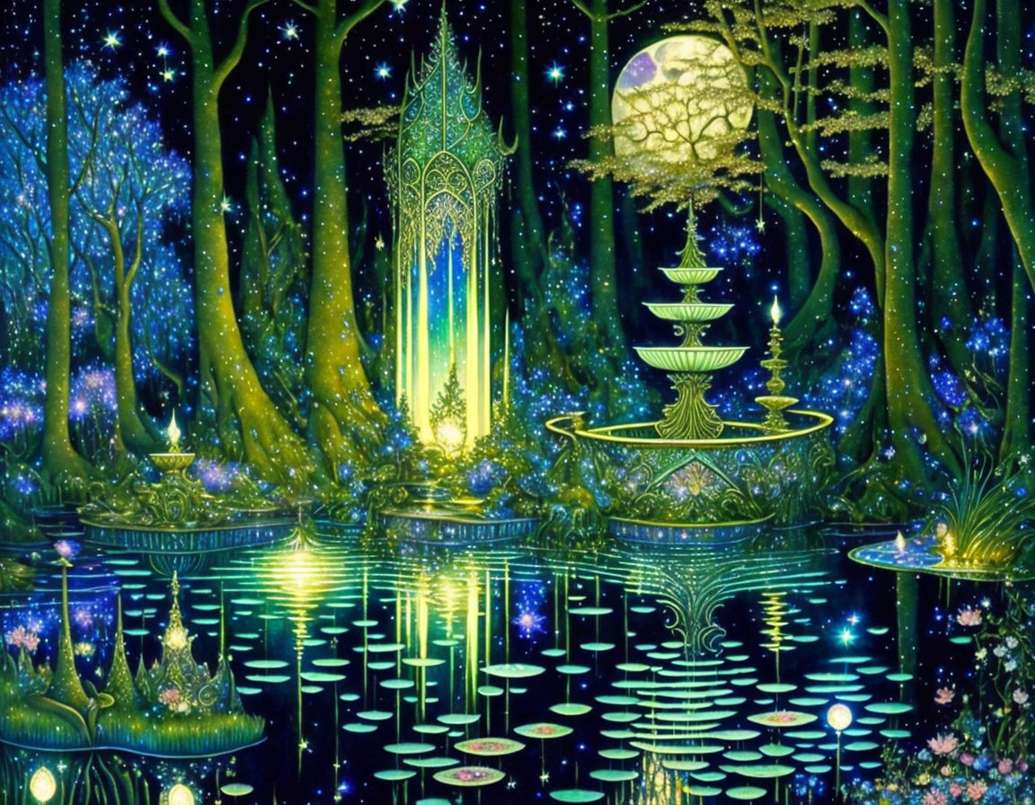 Enchanting night forest with glowing elements and reflective water