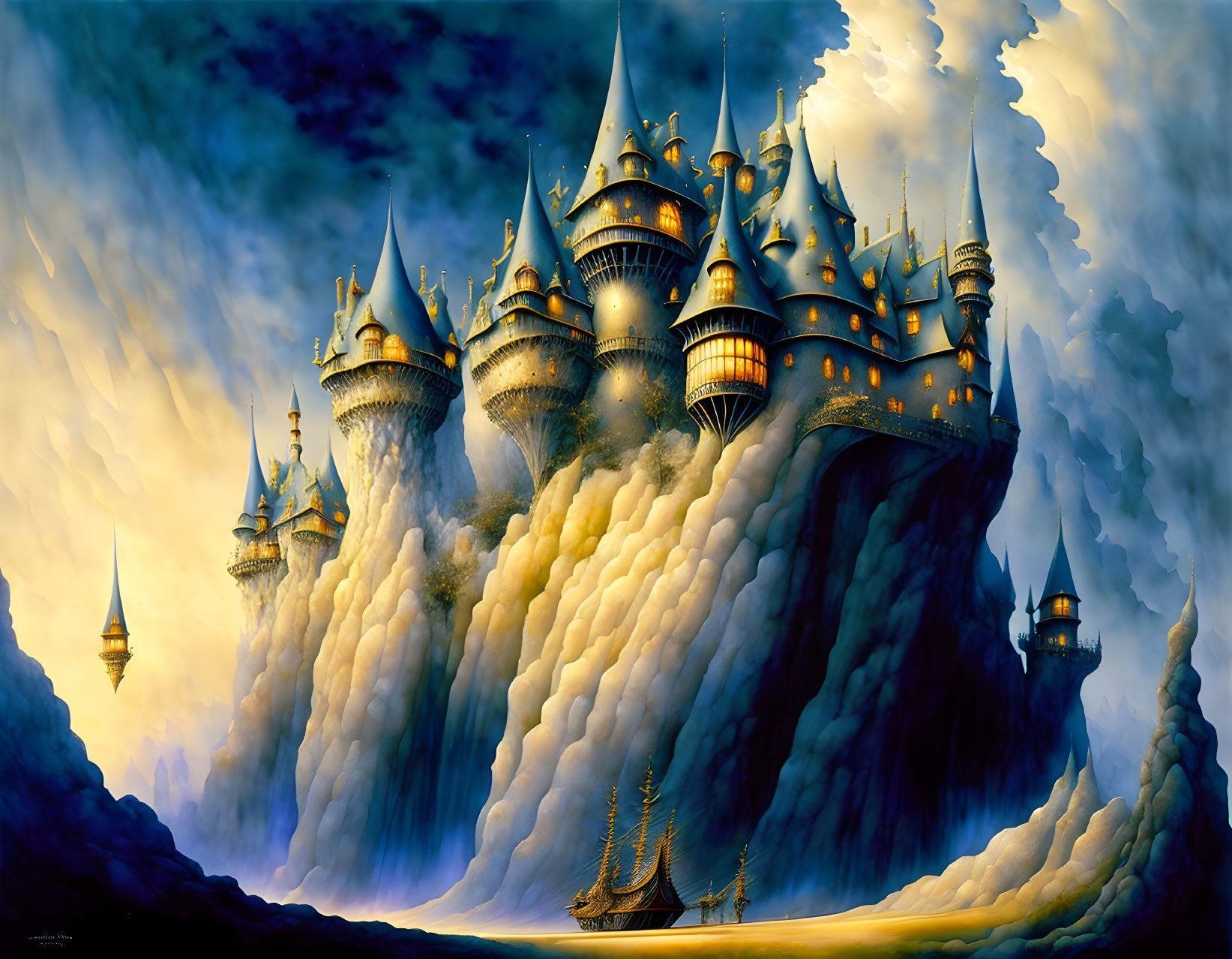 Fantasy castle with spires and towers on cloud under dramatic sky