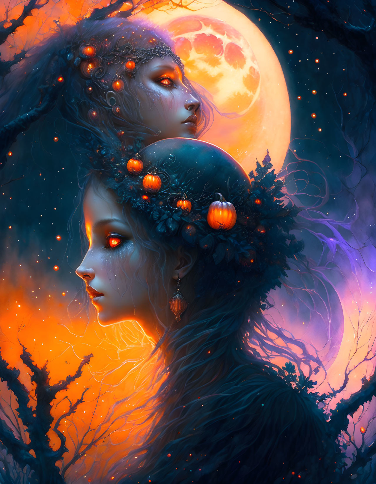 Artwork of two female figures with headdresses under a full moon and fiery sky