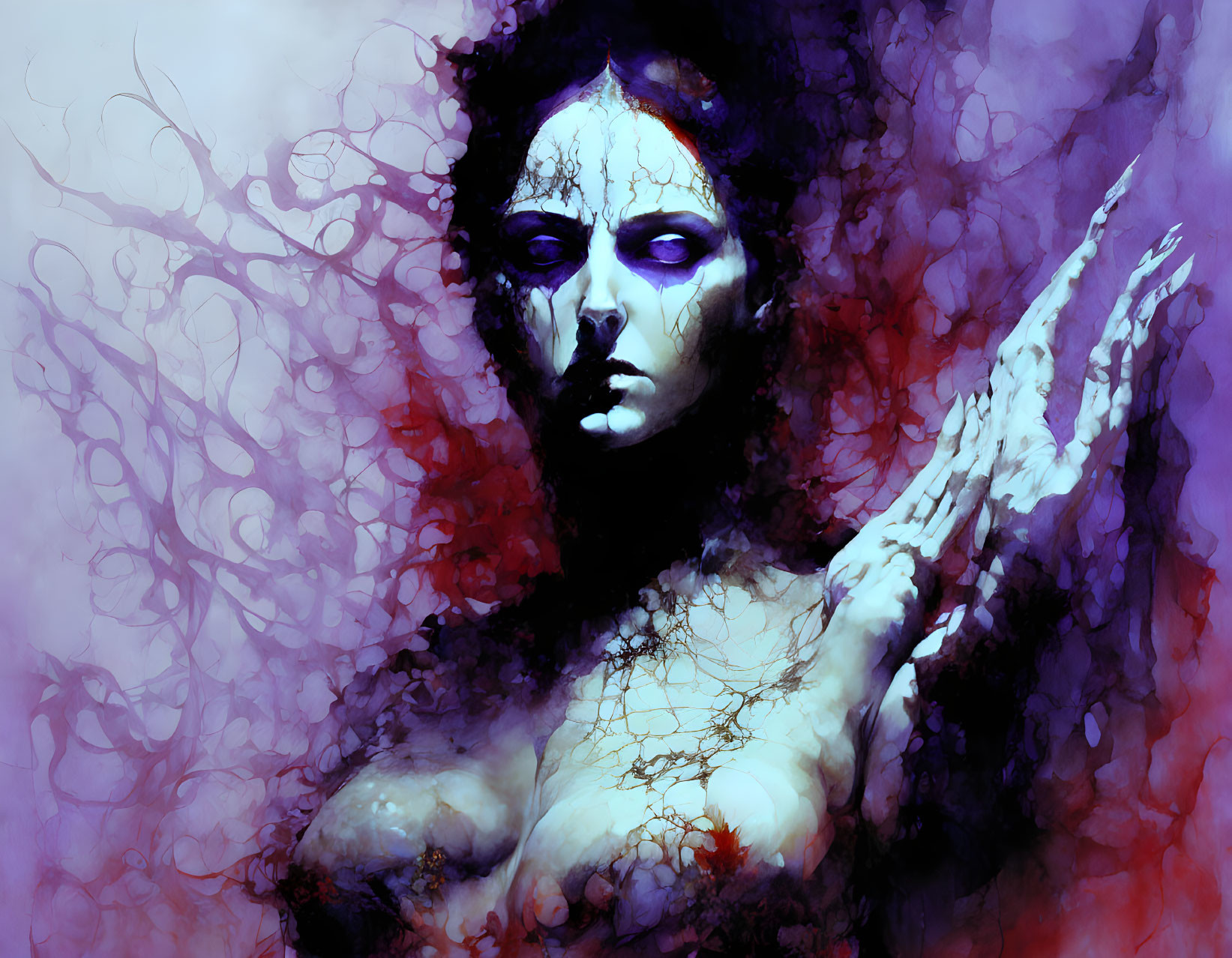 Digital Artwork: Person with Purple Eyes and Dark Makeup in Abstract Purple and Blue Textures