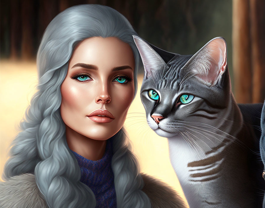 Woman with Blue Eyes and Silver Hair Next to Blue-Eyed Tabby Cat