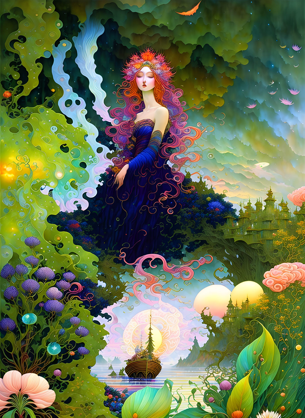 Colorful Illustration: Red-Haired Woman in Fantasy Landscape