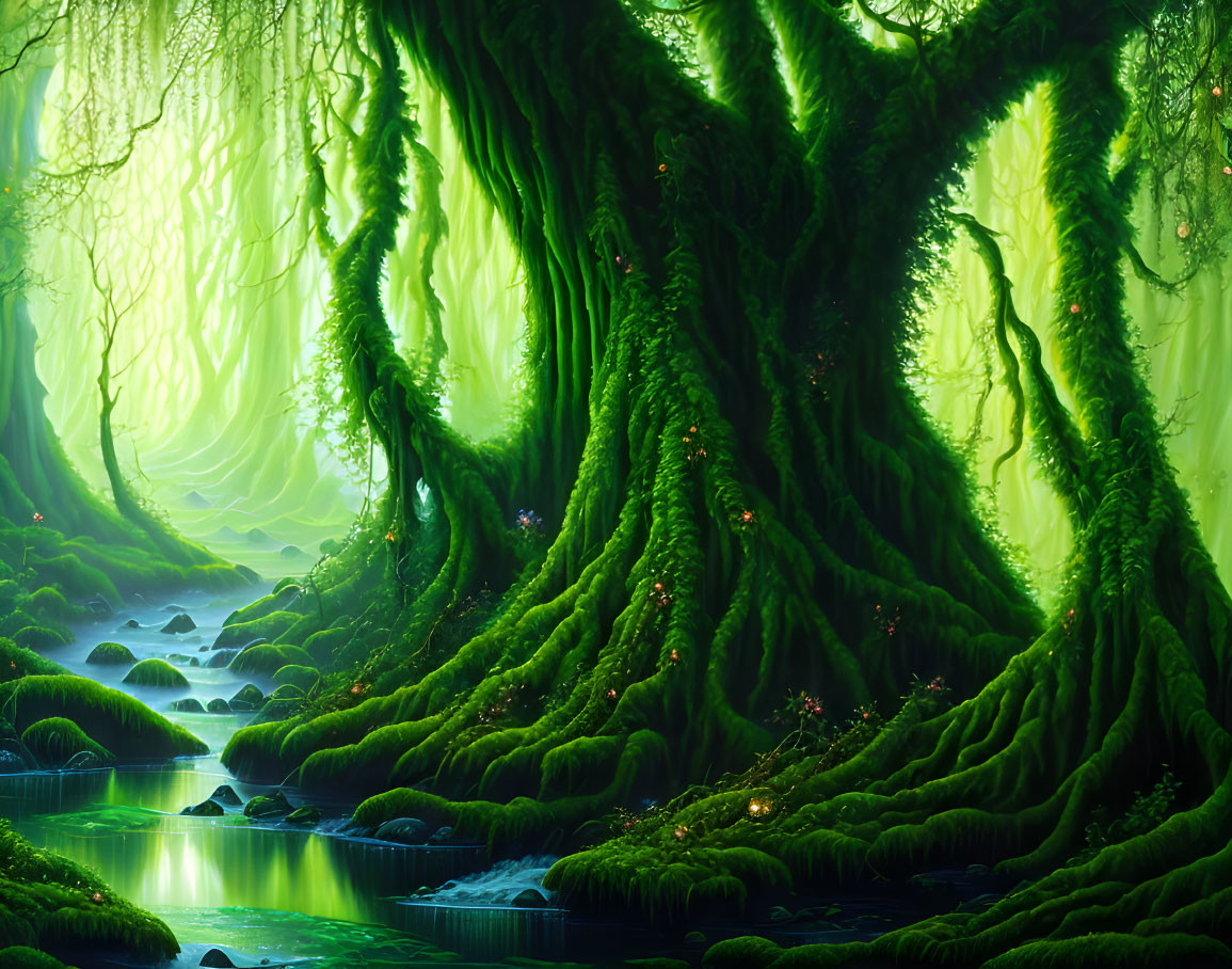 Mystical green forest with moss-covered trees and serene blue stream