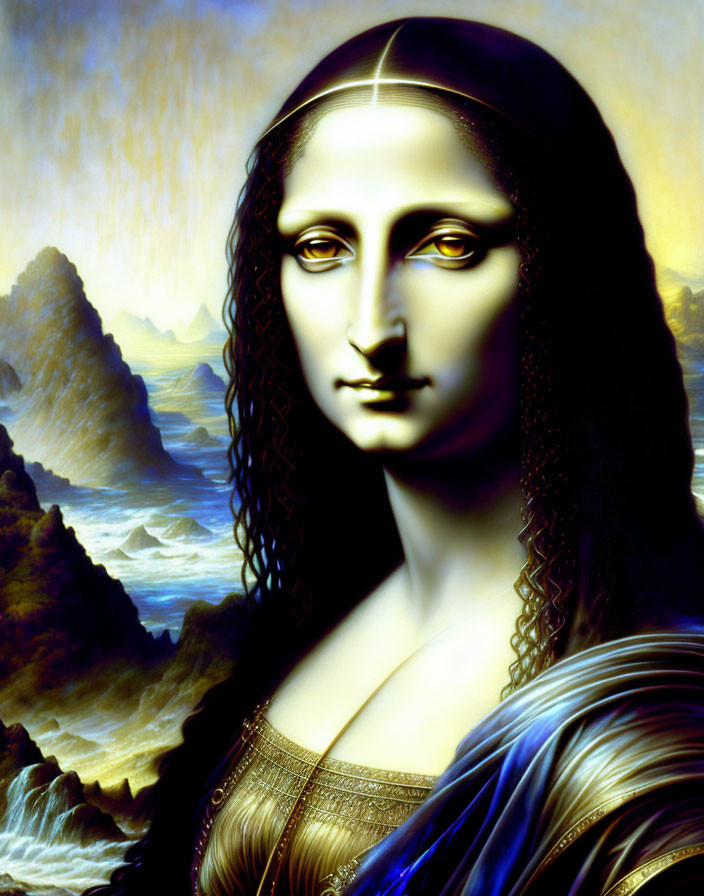 Stylized golden Mona Lisa with enigmatic smile and coastal cliffs