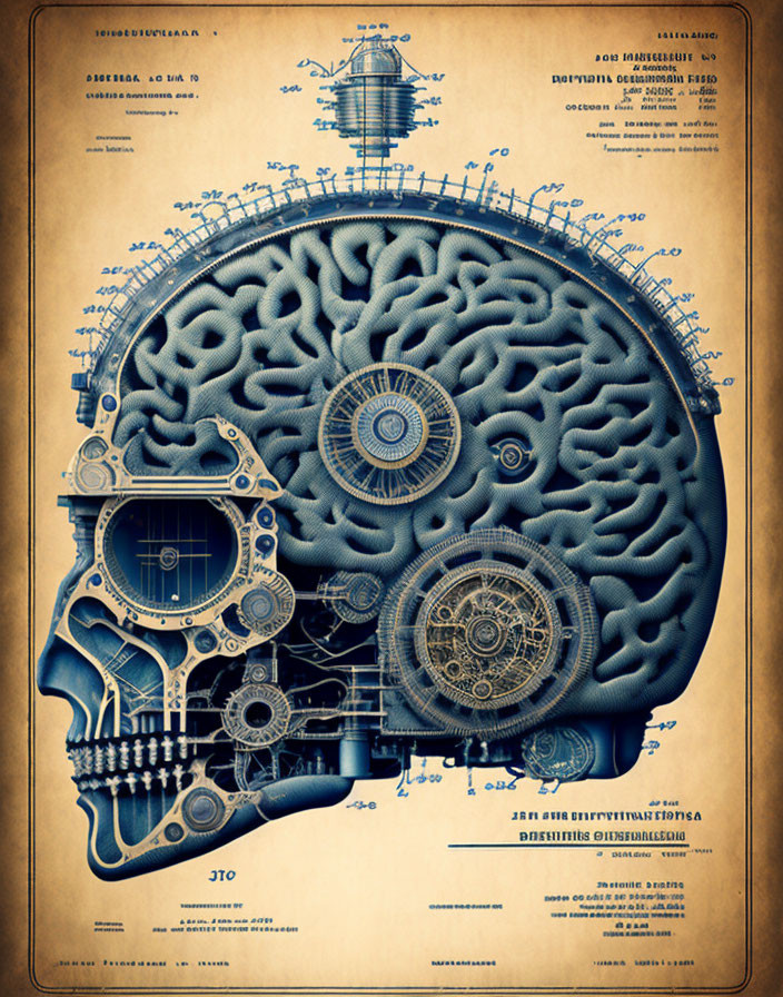 Vintage-style steampunk illustration of human head with mechanical gears and cogs