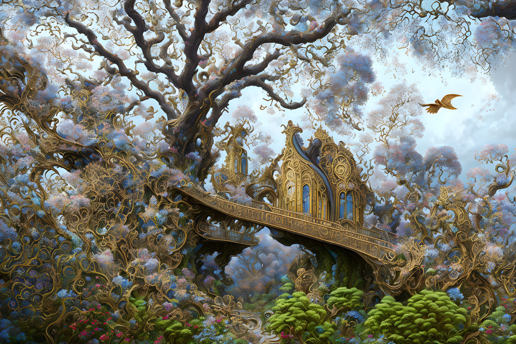 Intricate Golden Bridge in Mystical Forest with Ancient Trees and Bird